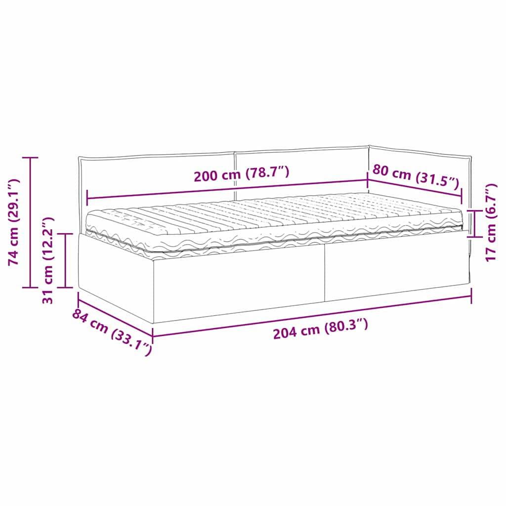Linienzeichnung eines Bettes mit Maßen: Länge 200 cm (78,7 Zoll), Breite 84 cm (33,1 Zoll) und Höhe 74 cm (29,1 Zoll).