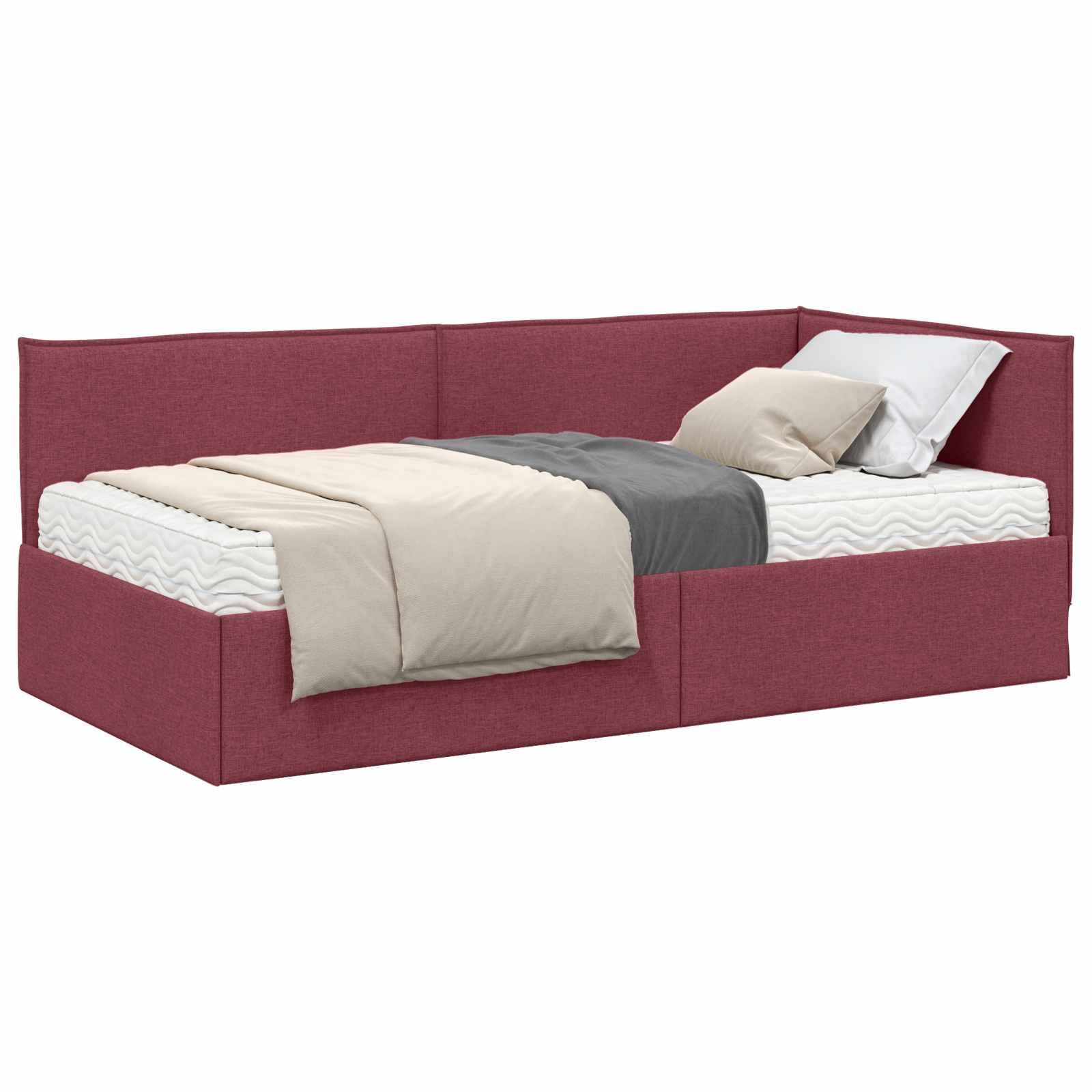 Ein roter gepolsterter Tagesbett mit einer weißen Matratze und grau-beige Bettwäsche, vor einem schlichten Hintergrund.