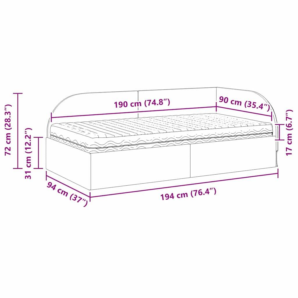 Tagesbett-Abmessungen: Länge 194 cm (76,4"), Tiefe 94 cm (37""), Sitzhöhe 31 cm (12,2""), Gesamthöhe 72 cm (28,3"").