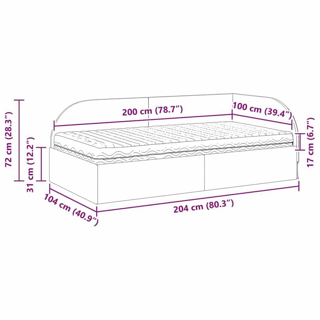 Diagramm eines Tagesbetts mit Stauraum. Abmessungen: 200 cm breit, 104 cm tief mit Rückenlehne, 71 cm Gesamthöhe, 30 cm Stauhöhe.