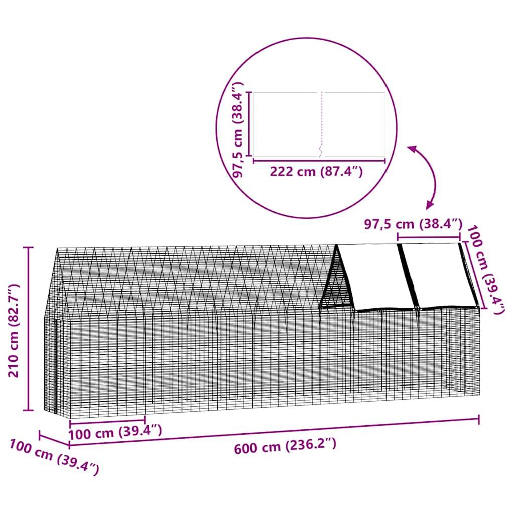 Maschenstruktur-Abmessungen: 600 cm x 210 cm x 100 cm, mit detailliertem seitlichen Einstieg in 97,5 cm Höhe, in Violett hervorgehoben.