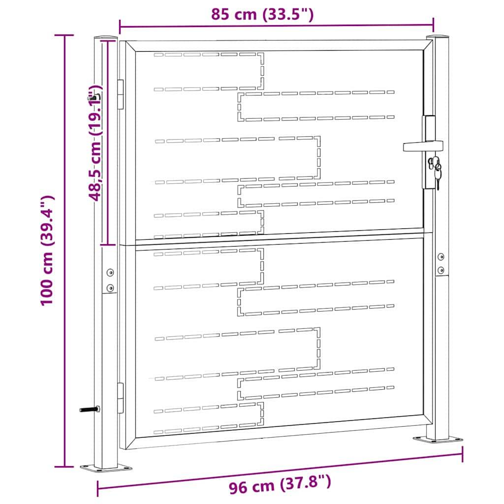 Diagramm eines Metallgitters mit Abmessungen: Breite 96 cm (37,8 Zoll), Höhe 100 cm (39,4 Zoll), Panelbreite 85 cm (33,5 Zoll), Panelhöhe 48,5 cm (19,1 Zoll).