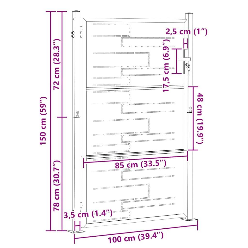 Eine Skizze eines Tors mit folgenden Maßen: Höhe 150 cm (59 Zoll), Breite 100 cm (39,4 Zoll), verschiedene Teile mit spezifischen Abmessungen beschriftet.