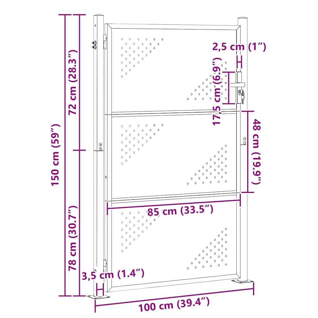 Eine Darstellung eines Tores mit Abmessungen: Gesamthöhe 150 cm, Breite 100 cm. Bemerkenswerte Teile: 72 cm obere Sektion, 48 cm mittlere Sektion, 78 cm untere Sektion.