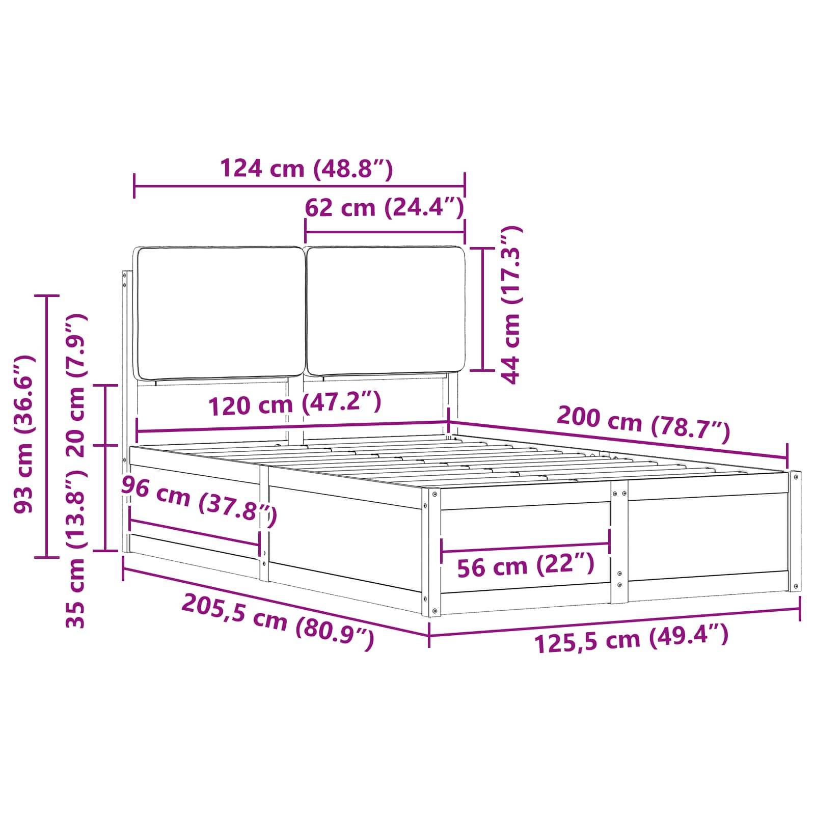 Illustration der Bettrahmenabmessungen: 124 cm Breite, 93 cm Höhe, 205,5 cm Länge. Kopfteilhöhe: 62 cm; Fußteilhöhe: 35 cm.