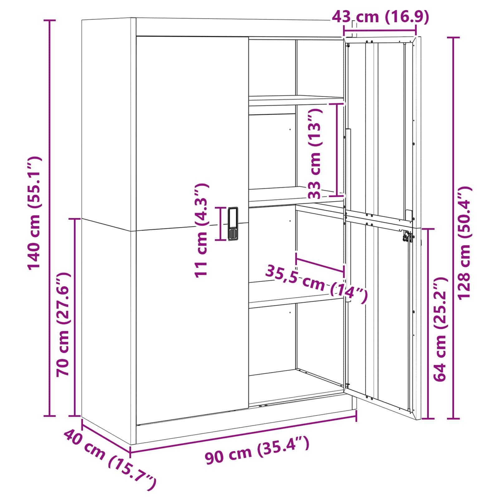 Hoher Schrank mit offenen Türen, Regalen und markierten Abmessungen: Höhe 140 cm, Breite 90 cm, Tiefe 40 cm. Regale in Abständen von 33 cm und 64 cm.