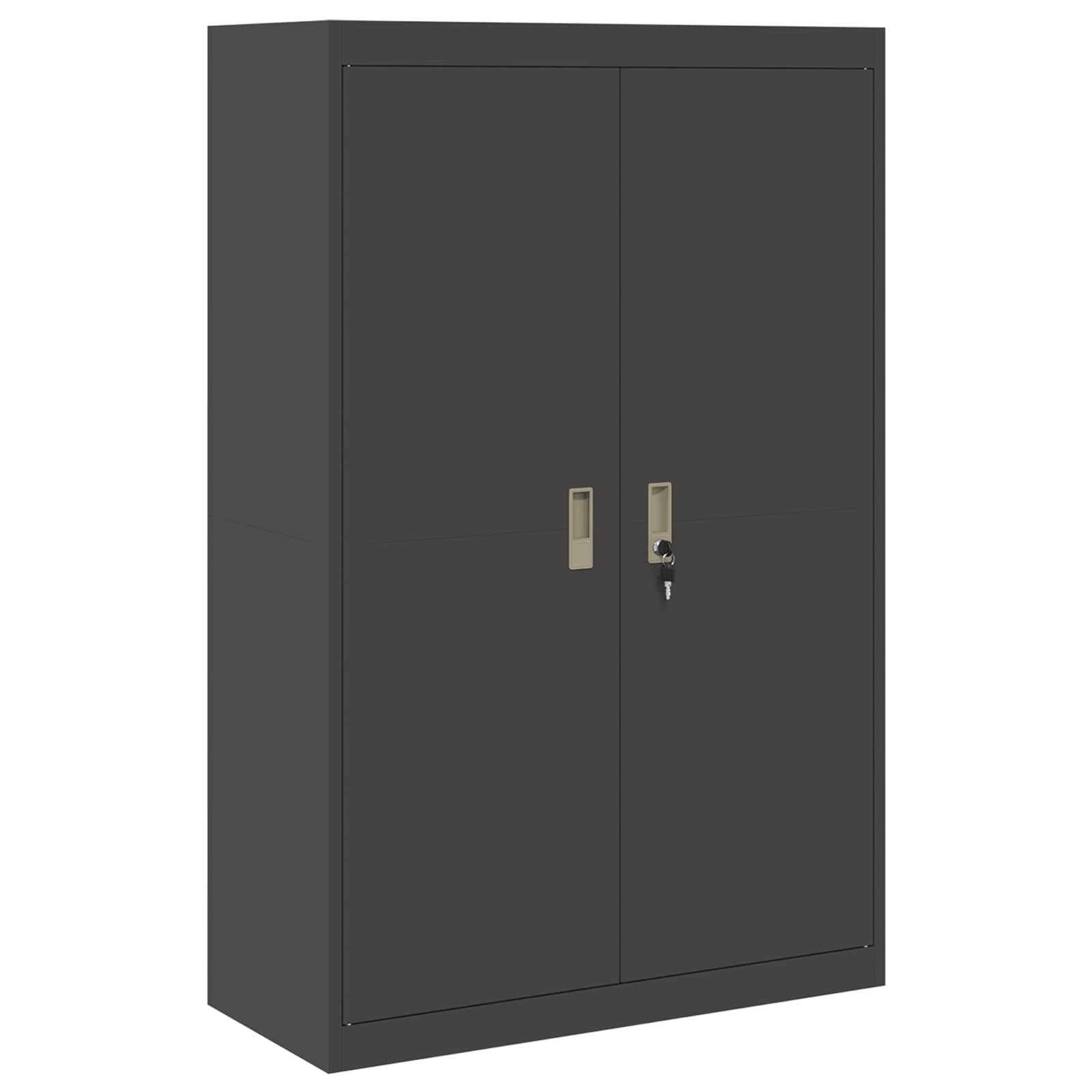 Ein schwarzer Metalllagerschrank mit zwei Türen, mit einem silbernen Schließmechanismus und Griffen.