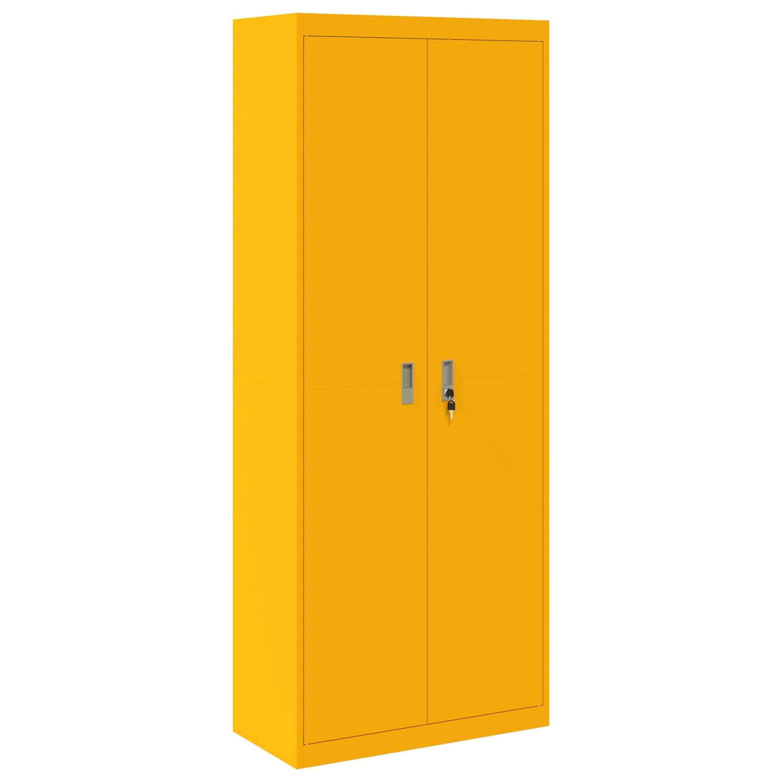 Gelbes Metalllagerschrank mit zwei Türen, jede mit einem Griff und Schloss versehen.