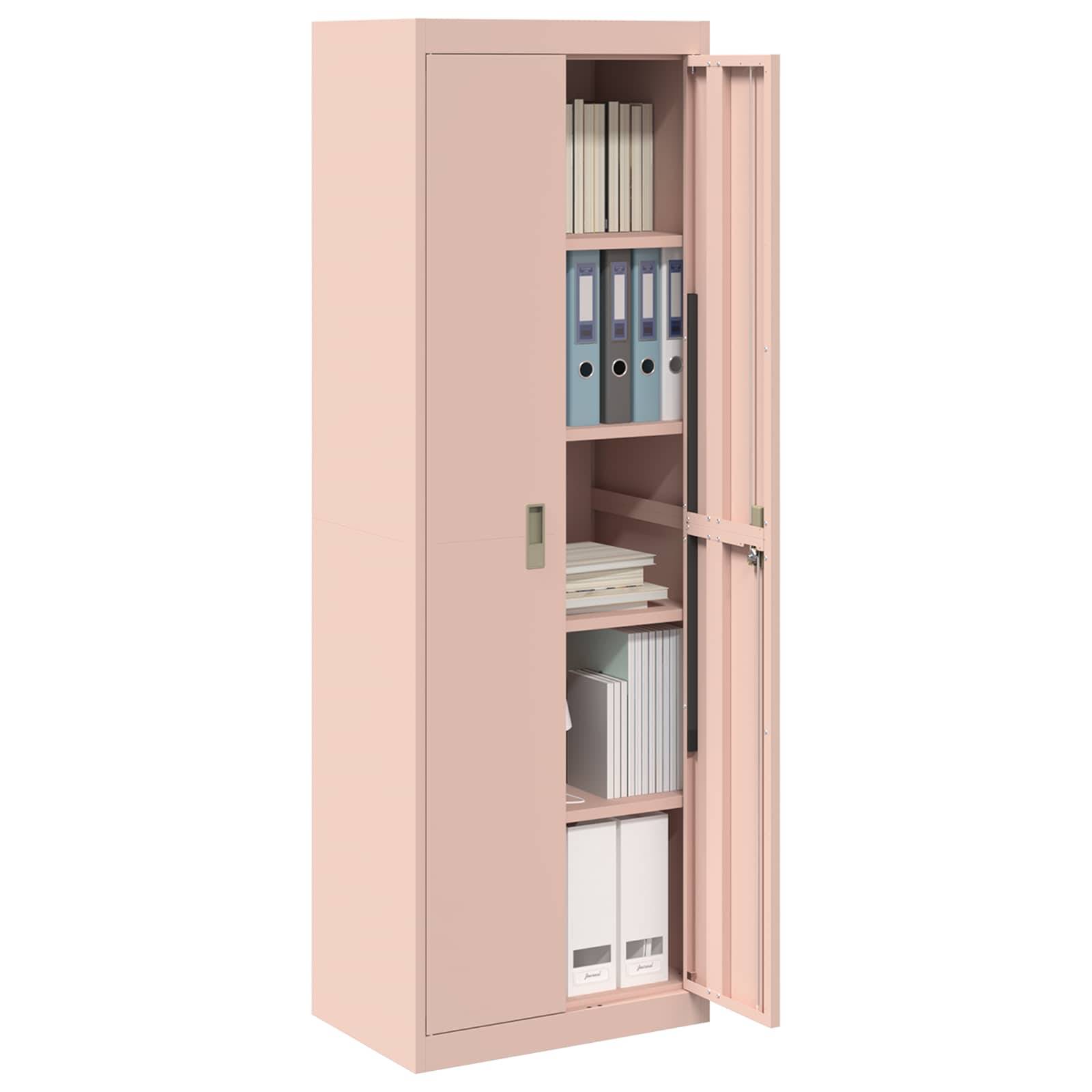 Ein rosa Metallschrank mit offener Tür, der Regale mit Aktenordnern, Büchern und Mappen zeigt, der zur organisierten Dokumentenablage verwendet wird.