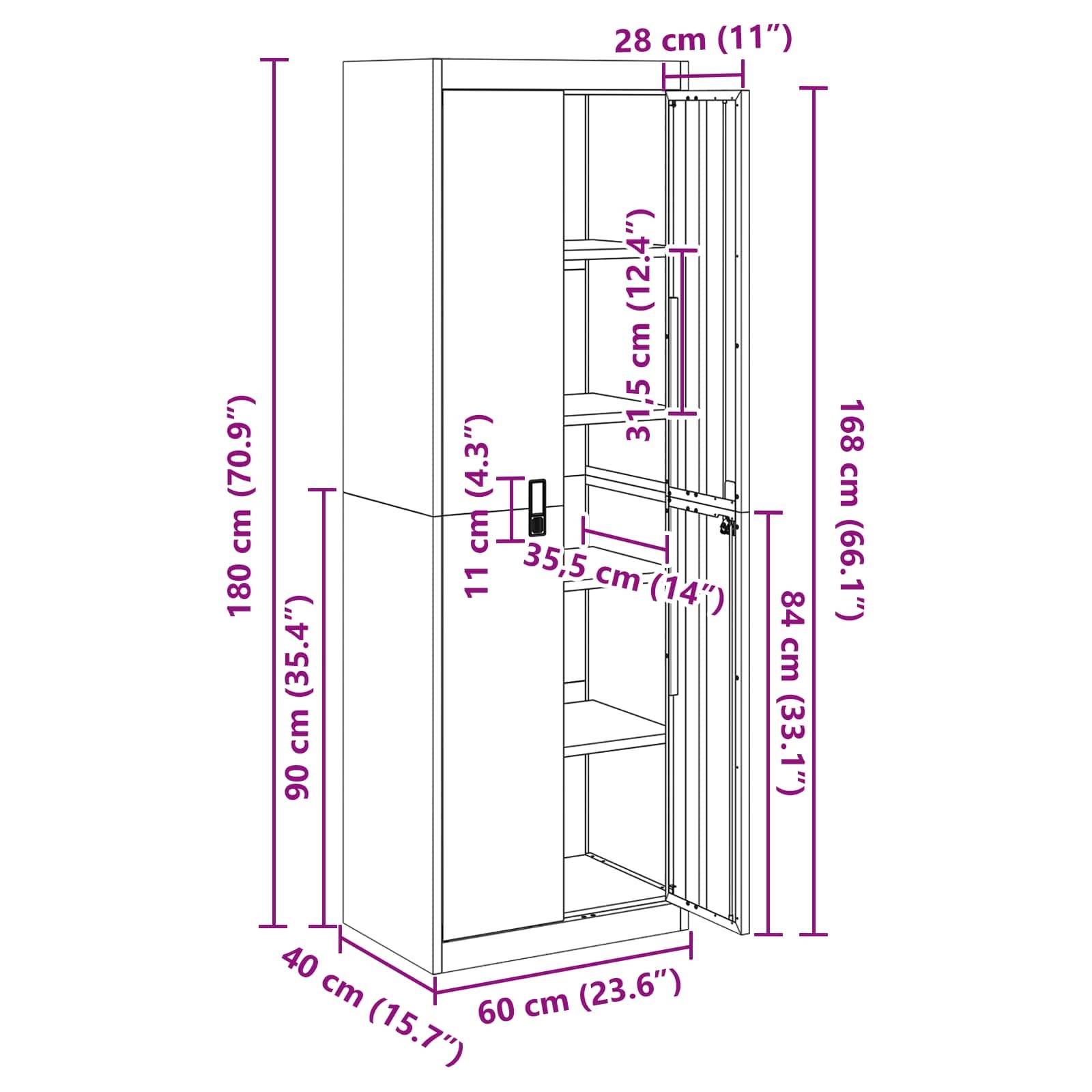 Ein Diagramm eines hohen Schranks mit markierten Abmessungen: Höhe 180 cm (70,9"), Breite 60 cm (23,6""), Tiefe 40 cm (15,7""). Mit Regalen im Inneren.