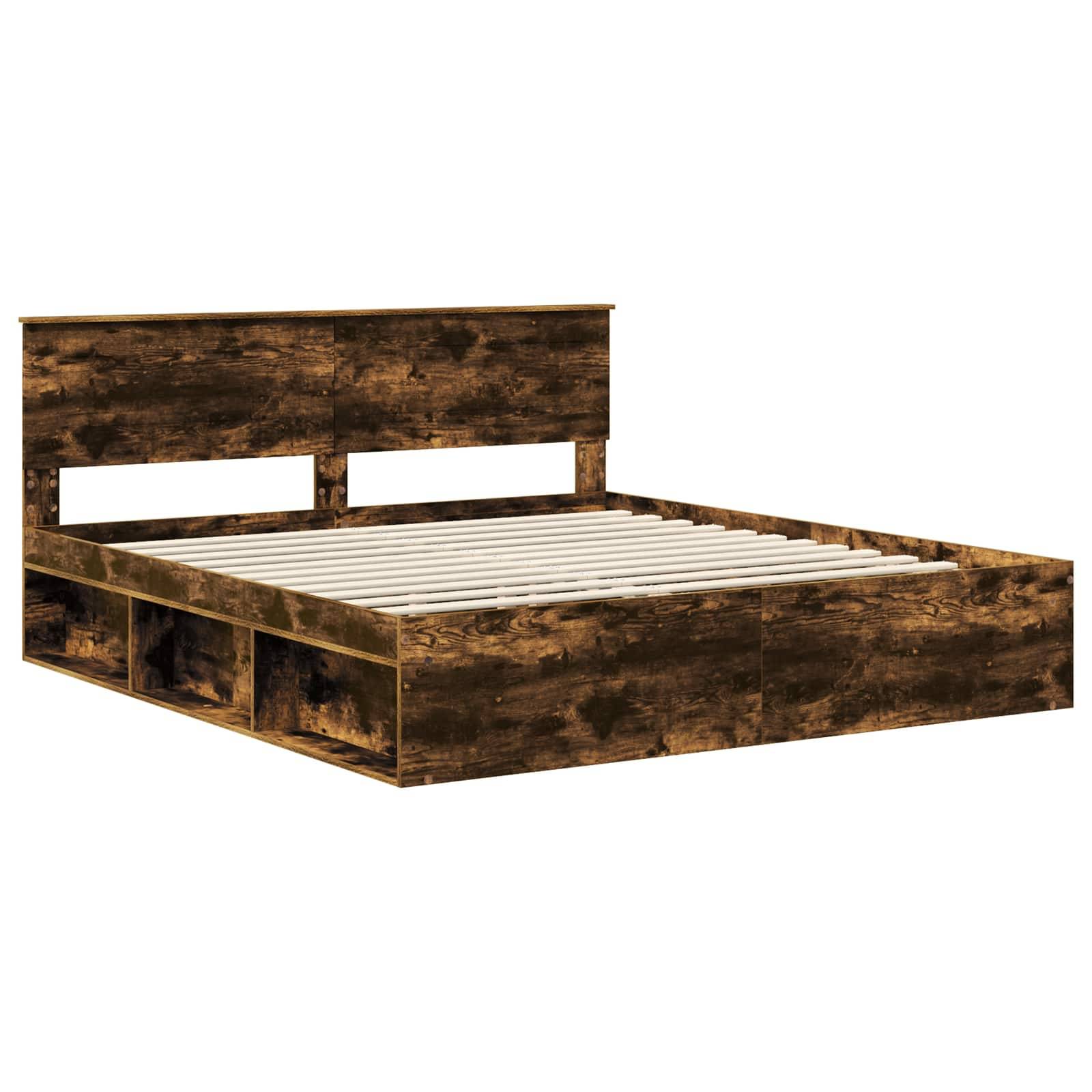 Holzbettgestell mit Stauraummöglichkeiten unter dem Bett, mit rustikaler Oberfläche und Lattenrost ohne Matratze.