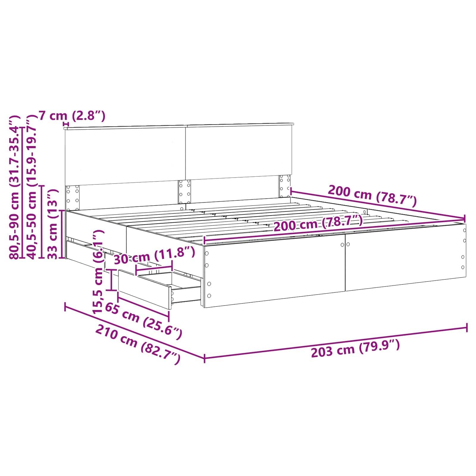 Bettrahmen-Schematische Zeichnung mit Maßen: Breite 200 cm (78,7