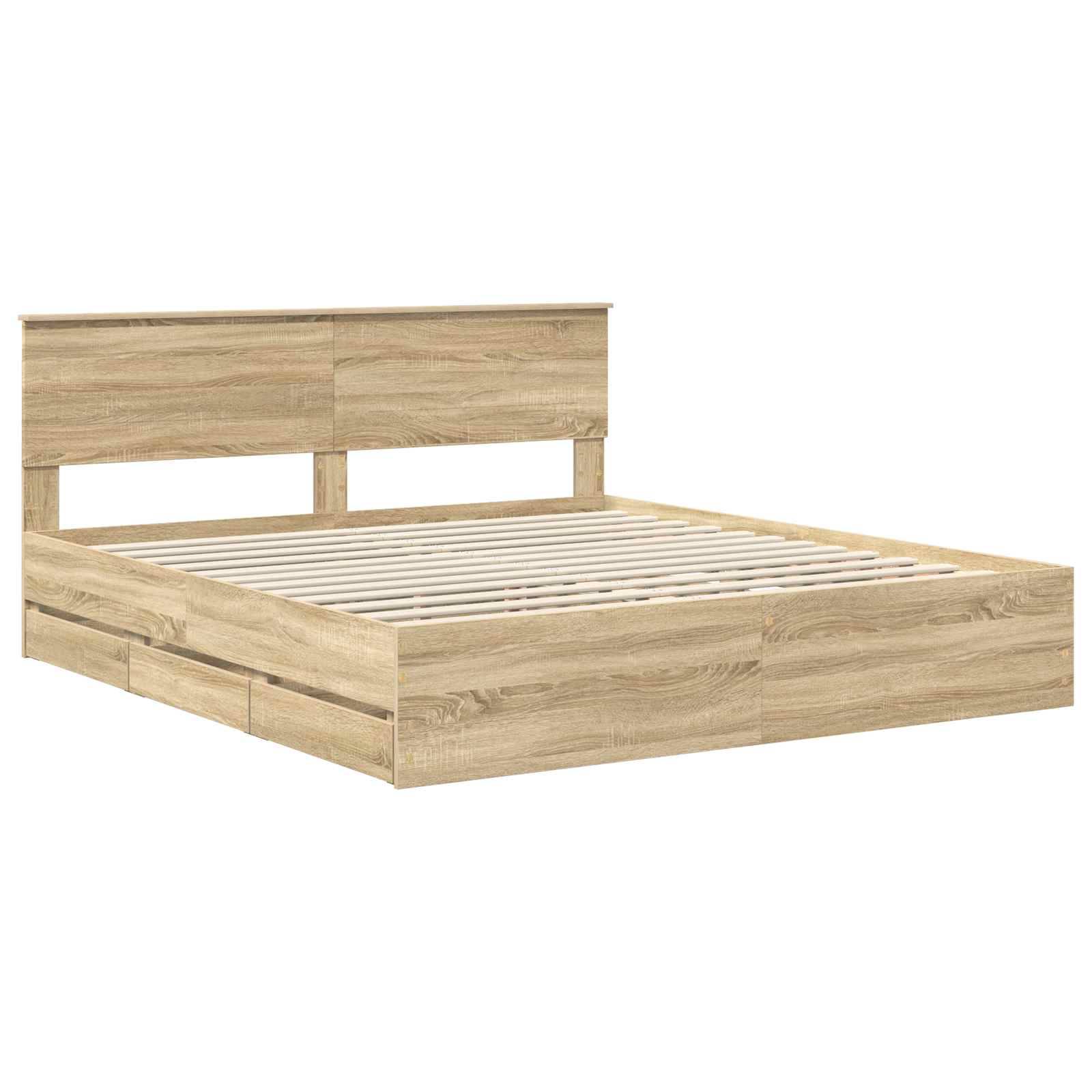 Ein Holzbettgestell mit hohem Kopfteil und Lattenrost in heller Holzoptik, konzipiert für eine moderne Schlafzimmergestaltung.