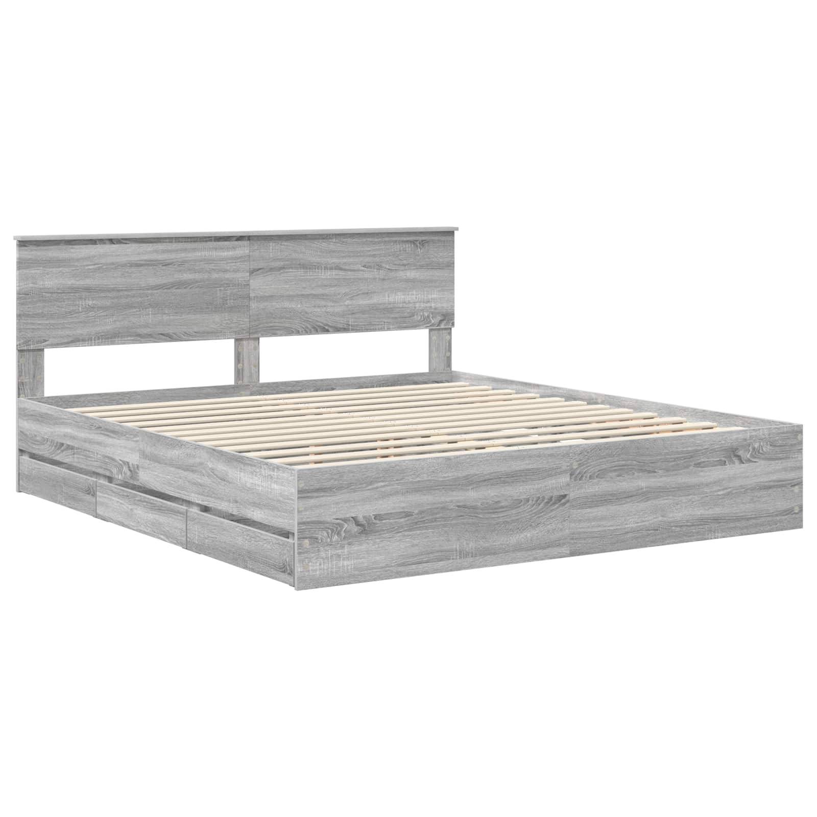 Ein Holz-Plattformbettgestell mit grauer Beschichtung, ausgestattet mit einem schlichten Kopfteil und einer Lattenrost-Basis zur Matratzenunterstützung.