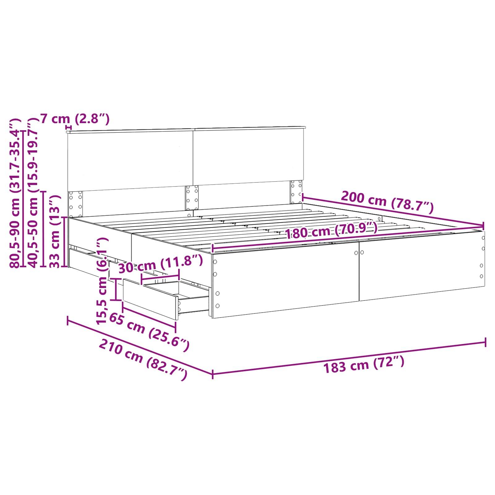 Diagramm eines Bettgestells mit beschrifteten Abmessungen: 210 cm (Länge), 183 cm (Breite), 80-90 cm (Höhe), mit Details zu Schublade und Stauraum.