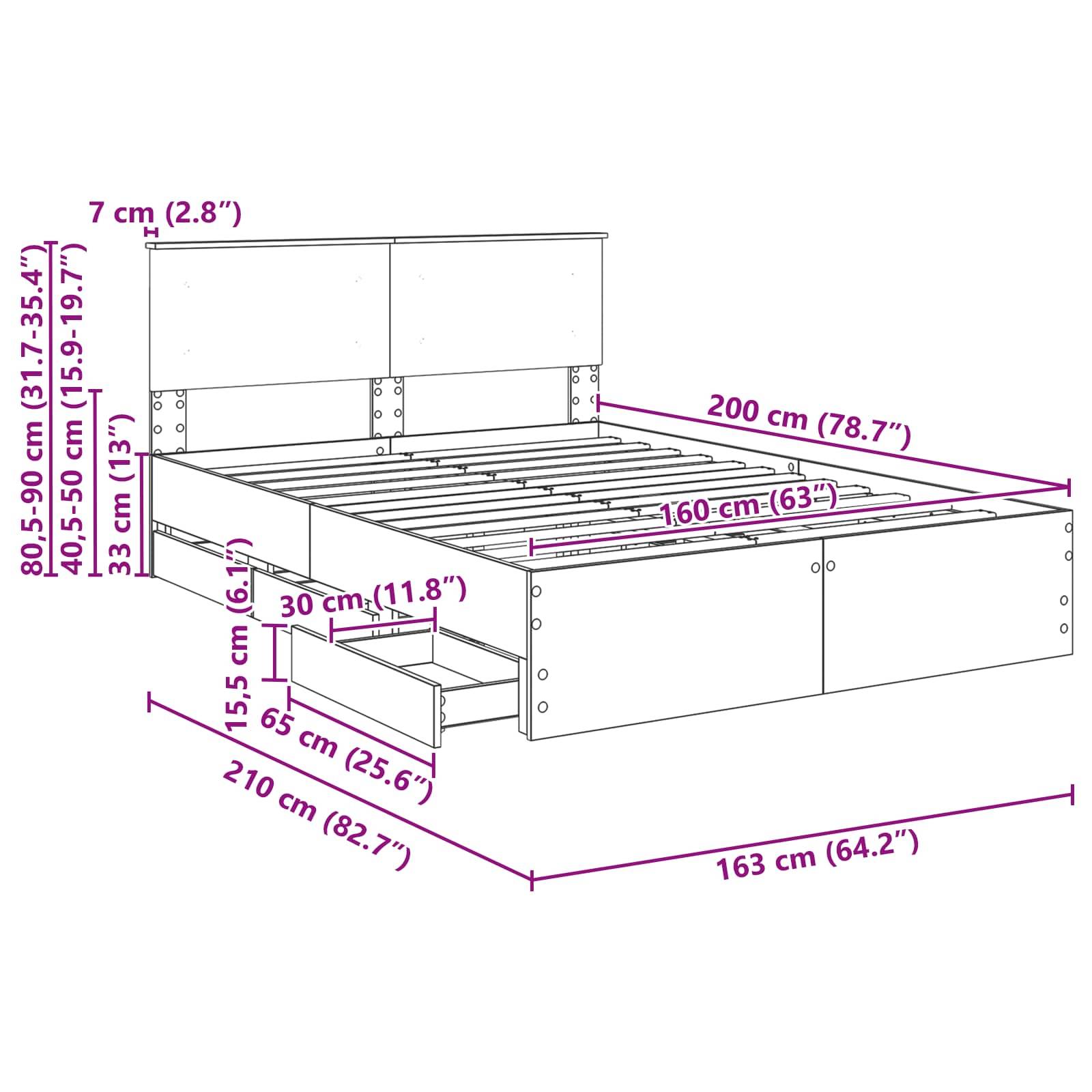 Diagramm eines Bettgestells mit beschrifteten Abmessungen: 200 cm breit, 210 cm lang. Merkmale umfassen Kopfteil, Aufbewahrungsschubladen und aufgelistete Höhenoptionen.