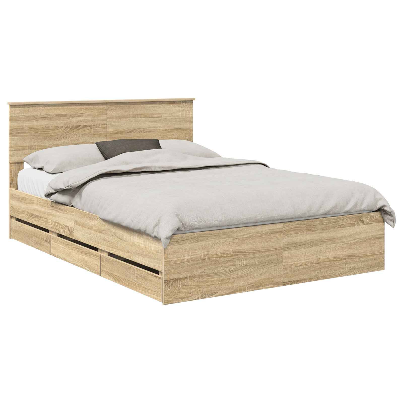 Ein Holzbettgestell mit hohem Kopfteil und heller Oberfläche. Das Bett ist ordentlich bezogen mit einem grauen Bettdecken und zwei Kissen.