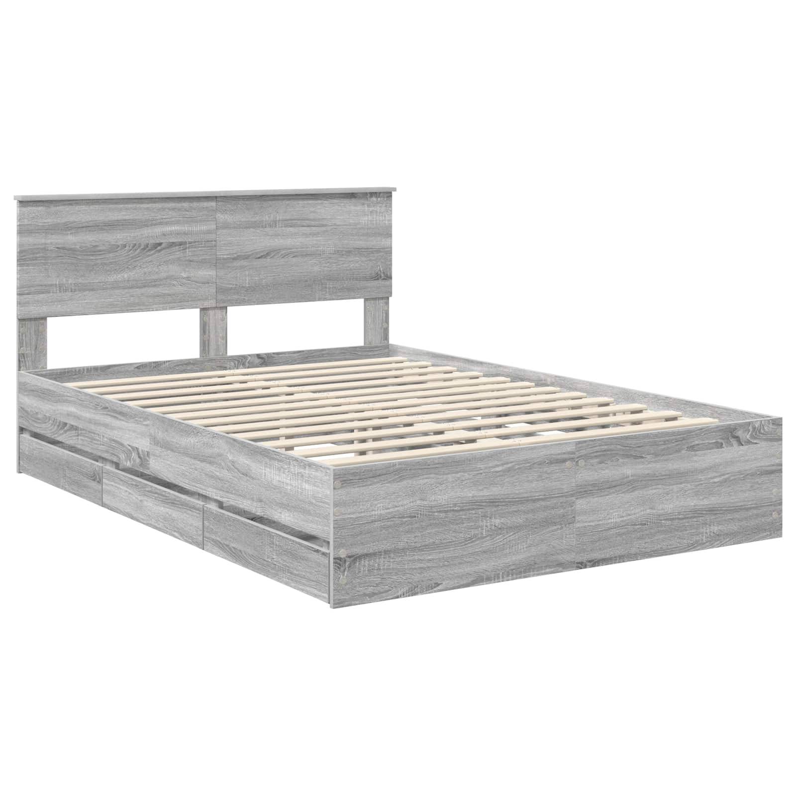 Ein modernes Bettgestell aus hellem Grau mit Holzstruktur, ausgestattet mit einem Lattenrost und einem rechteckigen Kopfteil, das ein minimalistisches Design präsentiert.