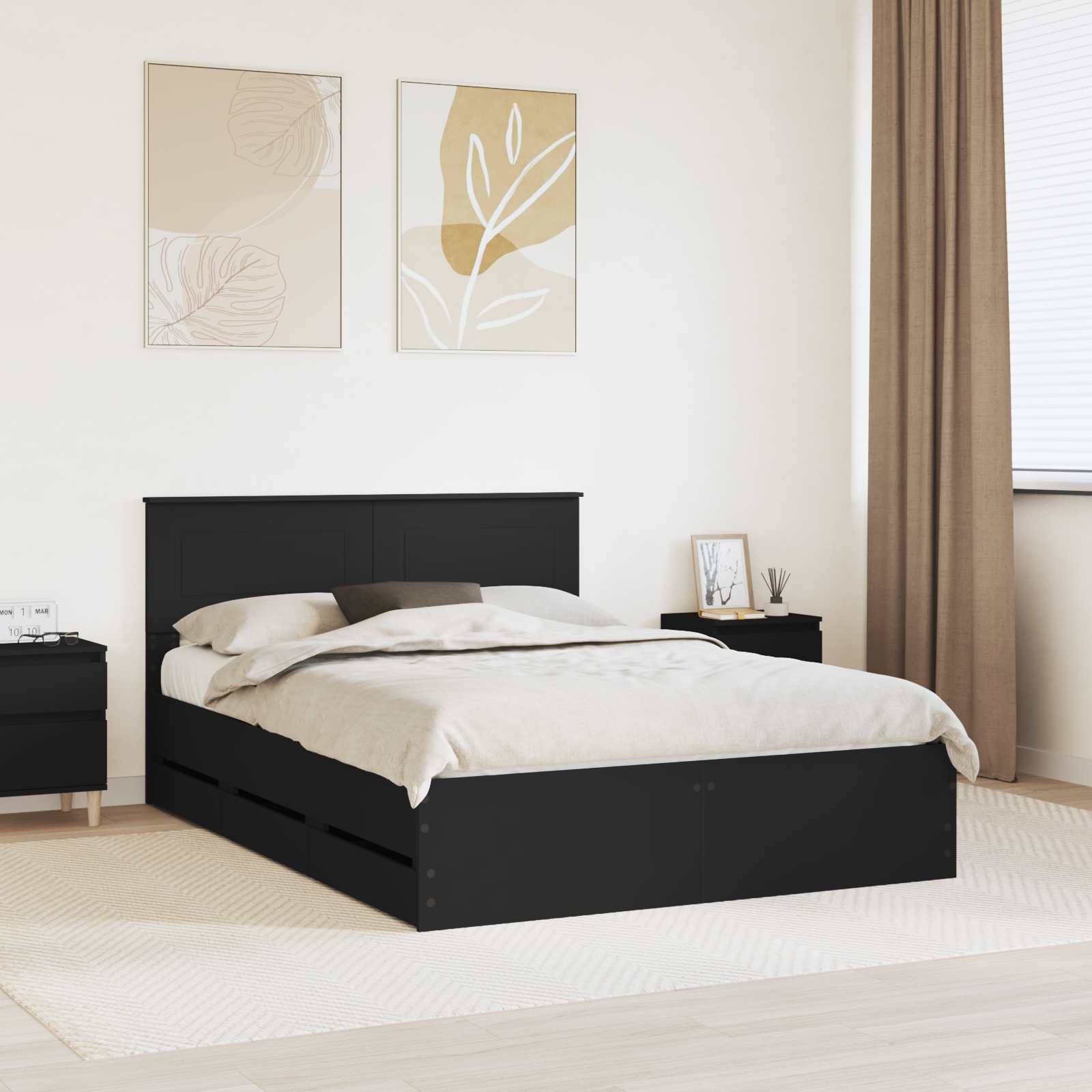 Ein modernes Schlafzimmer mit einem Bett aus dunklem Holz mit Staurageschubladen, neutraler Bettwäsche, zwei passenden Nachttischen und abstrakten Wandkunstwerken.
