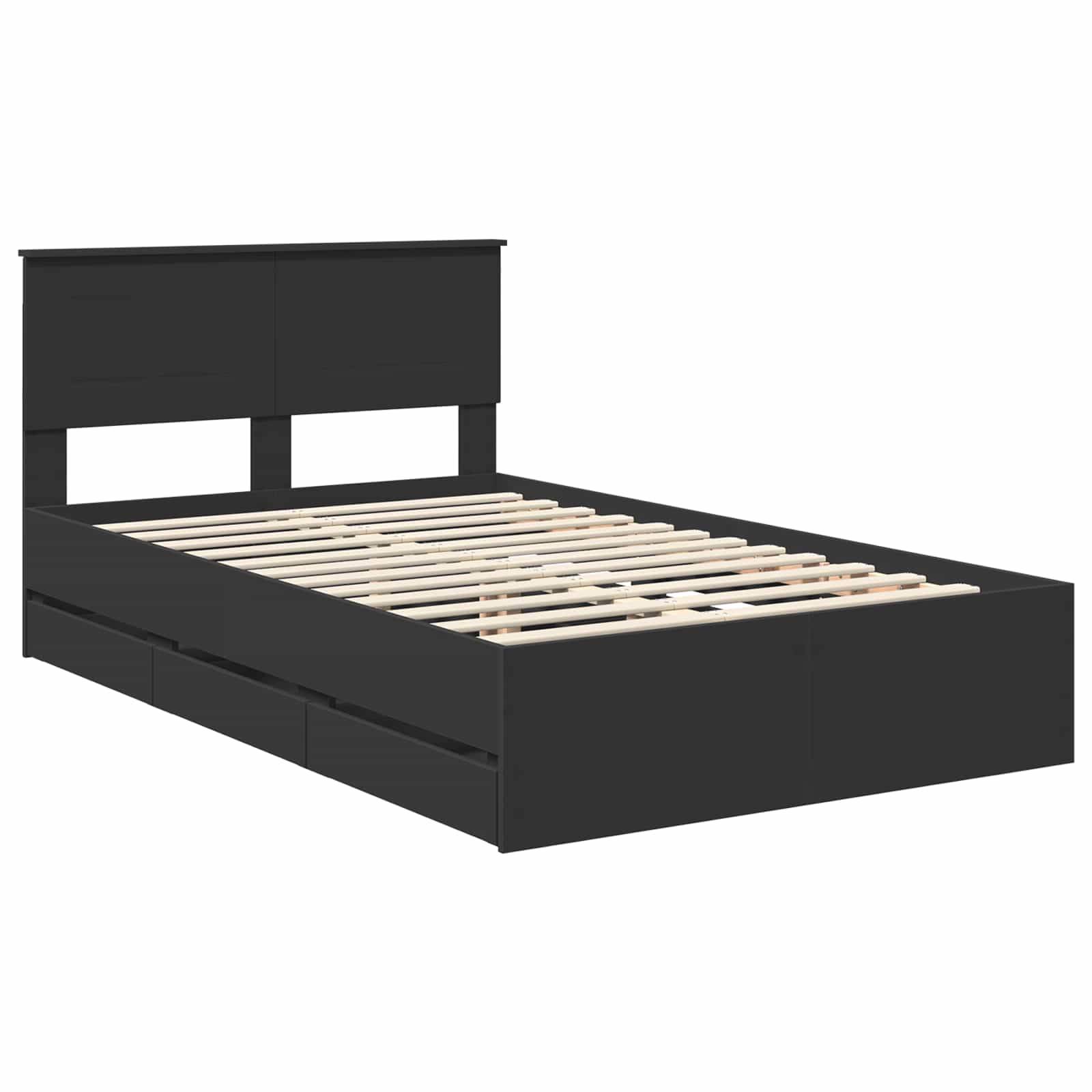 Ein schwarzer Plattformbettrahmen mit Kopfteil und Holzlatten. Er verfügt über Schubladen zur Aufbewahrung unter dem Bett, aus einem Winkel betrachtet.