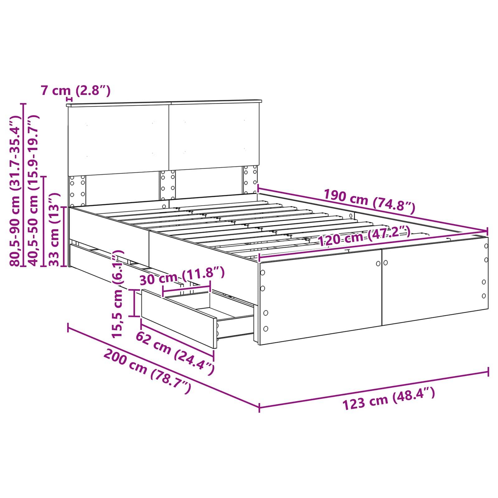 Eine Skizze eines Bettgestells mit Abmessungen: 190 cm (Länge), 123 cm (Breite) und 80,5-90 cm (Kopfteilhöhe). Ausgestattet mit Unterbettschubladen.
