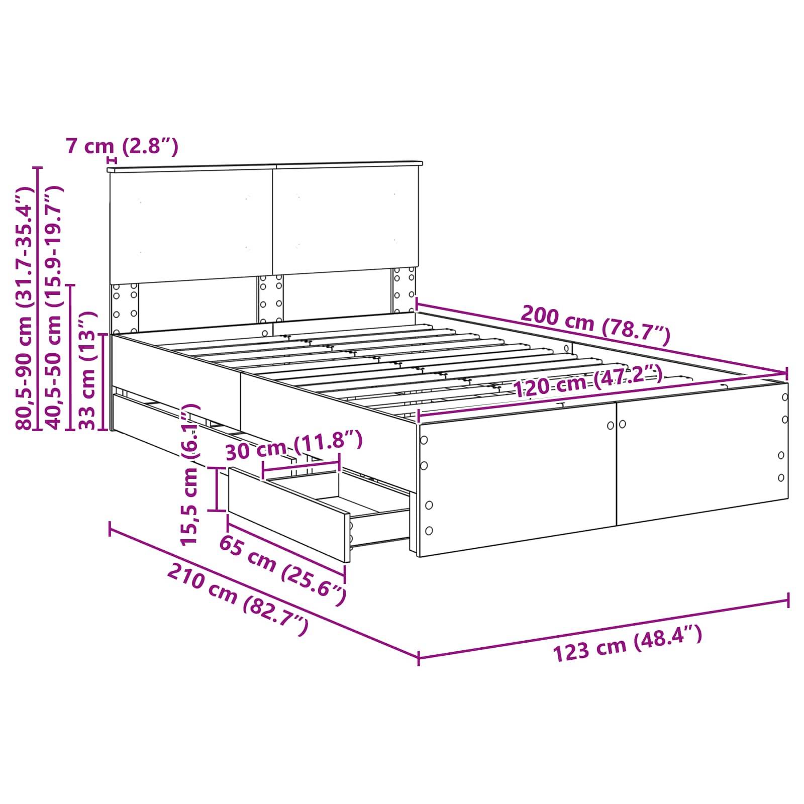 Bettrahmen-Diagramm mit Maßen: Höhe 80,5-90 cm, Breite 210 cm, Tiefe 123 cm. Inklusive Staurageschubladen darunter, 65 cm tief.