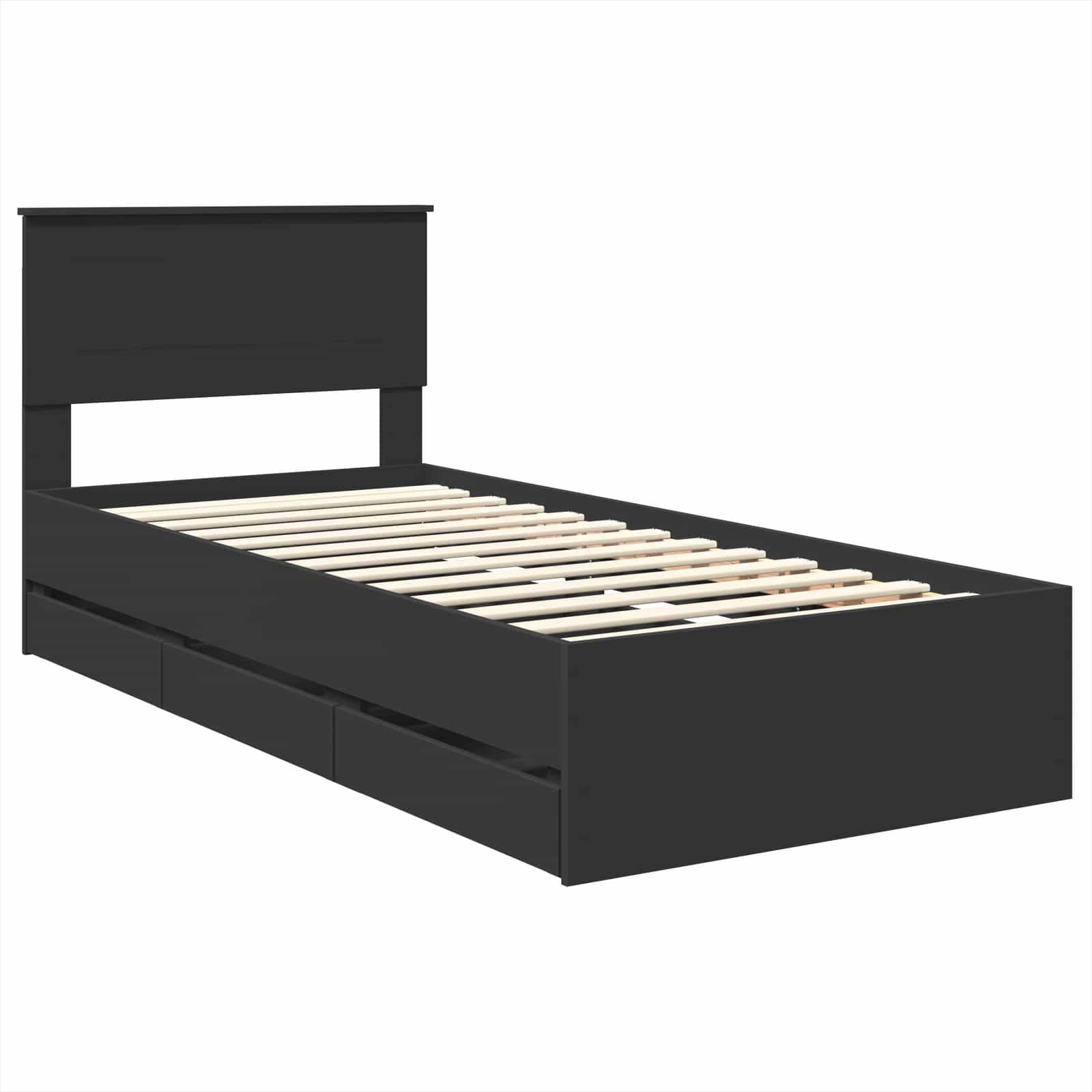 Ein schwarzer Holz-Einzelbettrahmen mit hohem Kopfteil und Lattenrost, ausgestattet mit zwei Staurageschubladen darunter.