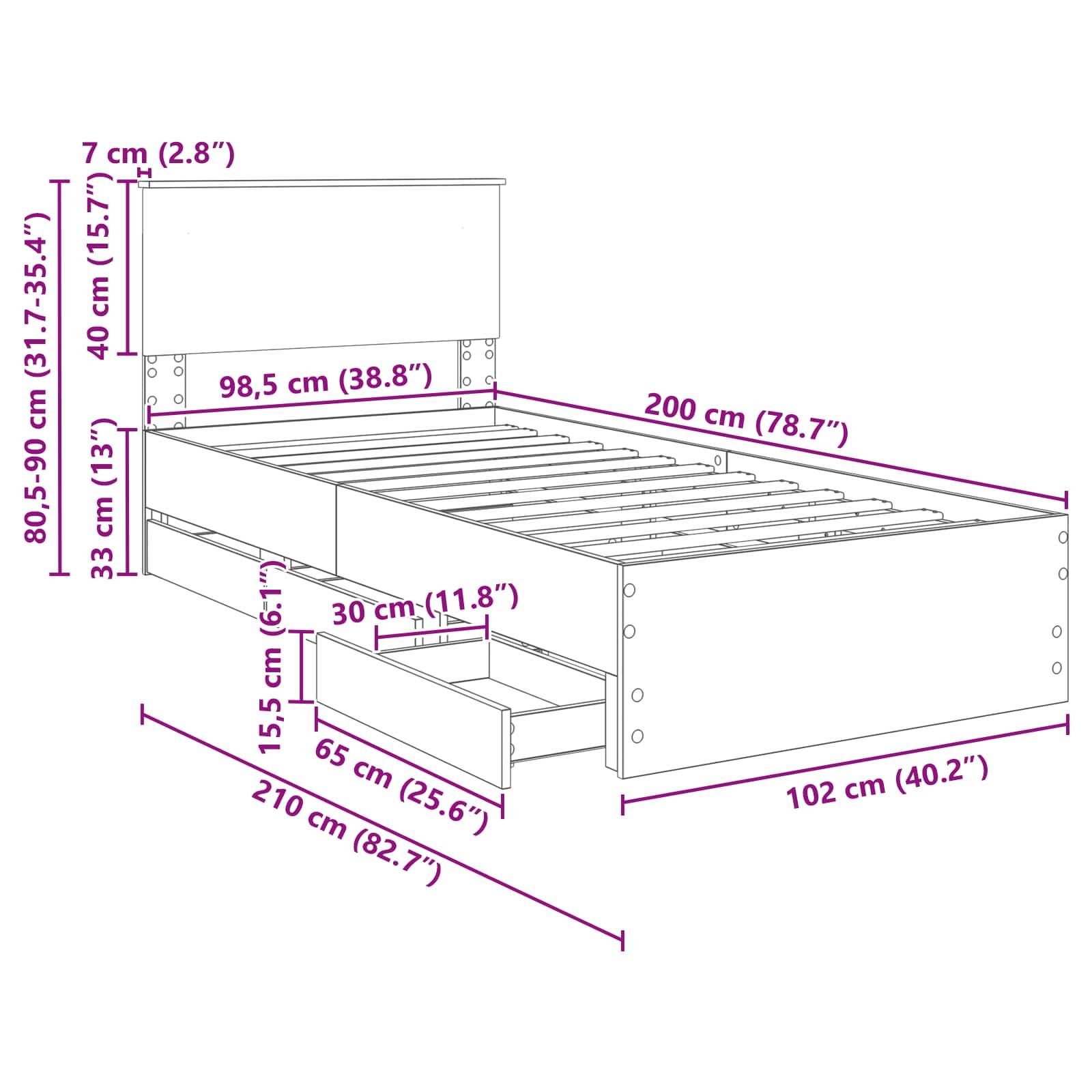 Diagramm eines Bettgestells mit Maßen: Breite 98,5 cm (38,8"), Länge 200 cm (78,7""), Höhe 80,5-90 cm (31,7-35,4""), Schublade 30 cm (11,8"").