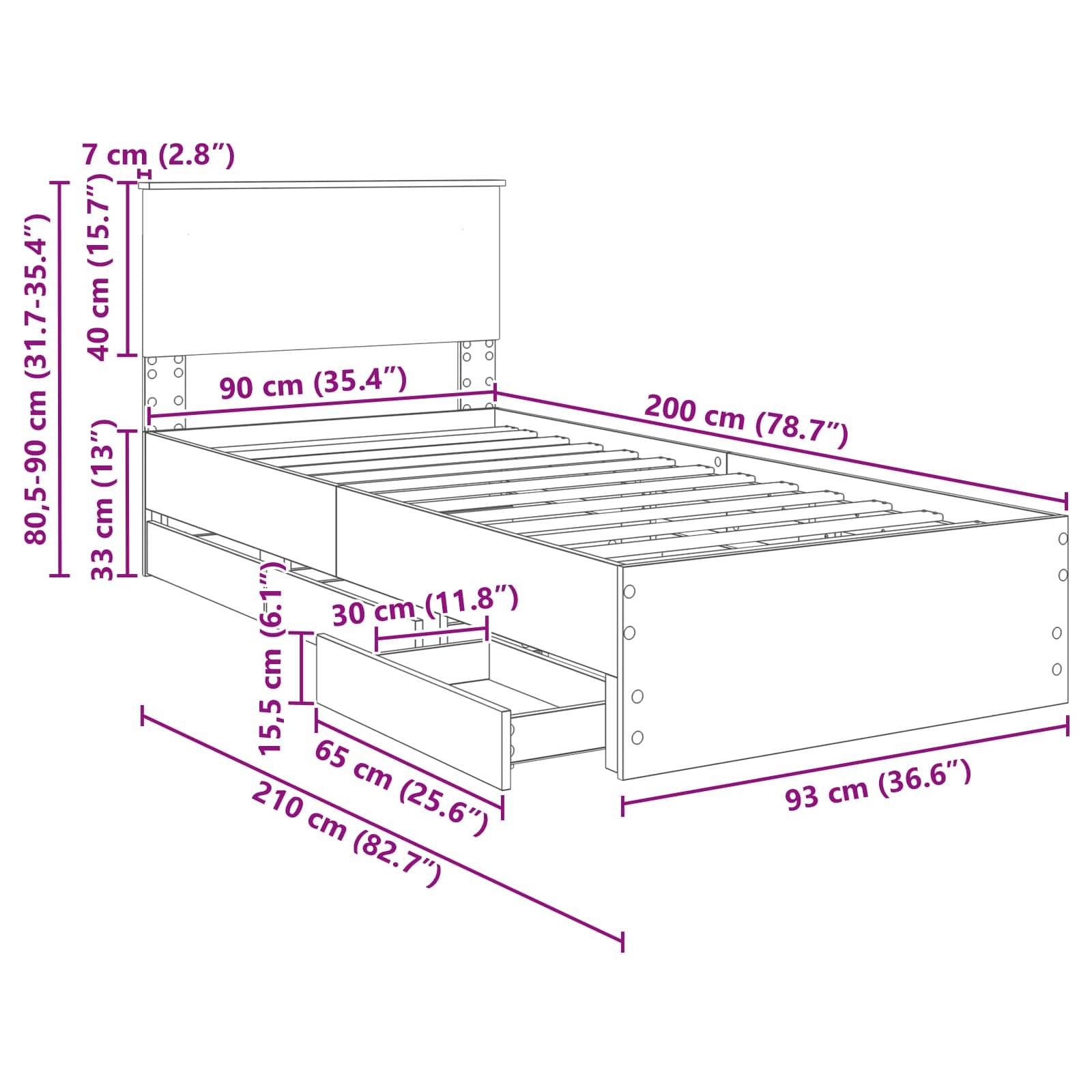 Technische Zeichnung eines Bettrahmens: 200 cm (78,7