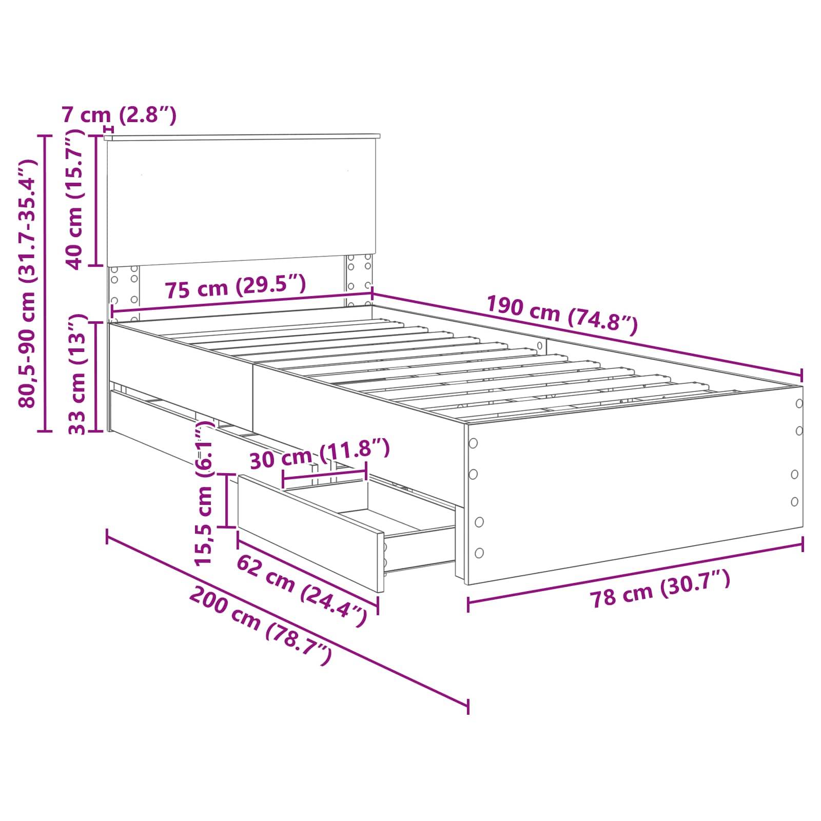 Diagramm eines Bettgestells mit Maßen: Höhe 80,5-90 cm, Tiefe 190 cm, Breite 78 cm, Betthöhe 33 cm, Schubladen-Höhe 30 cm, Breite 62 cm.