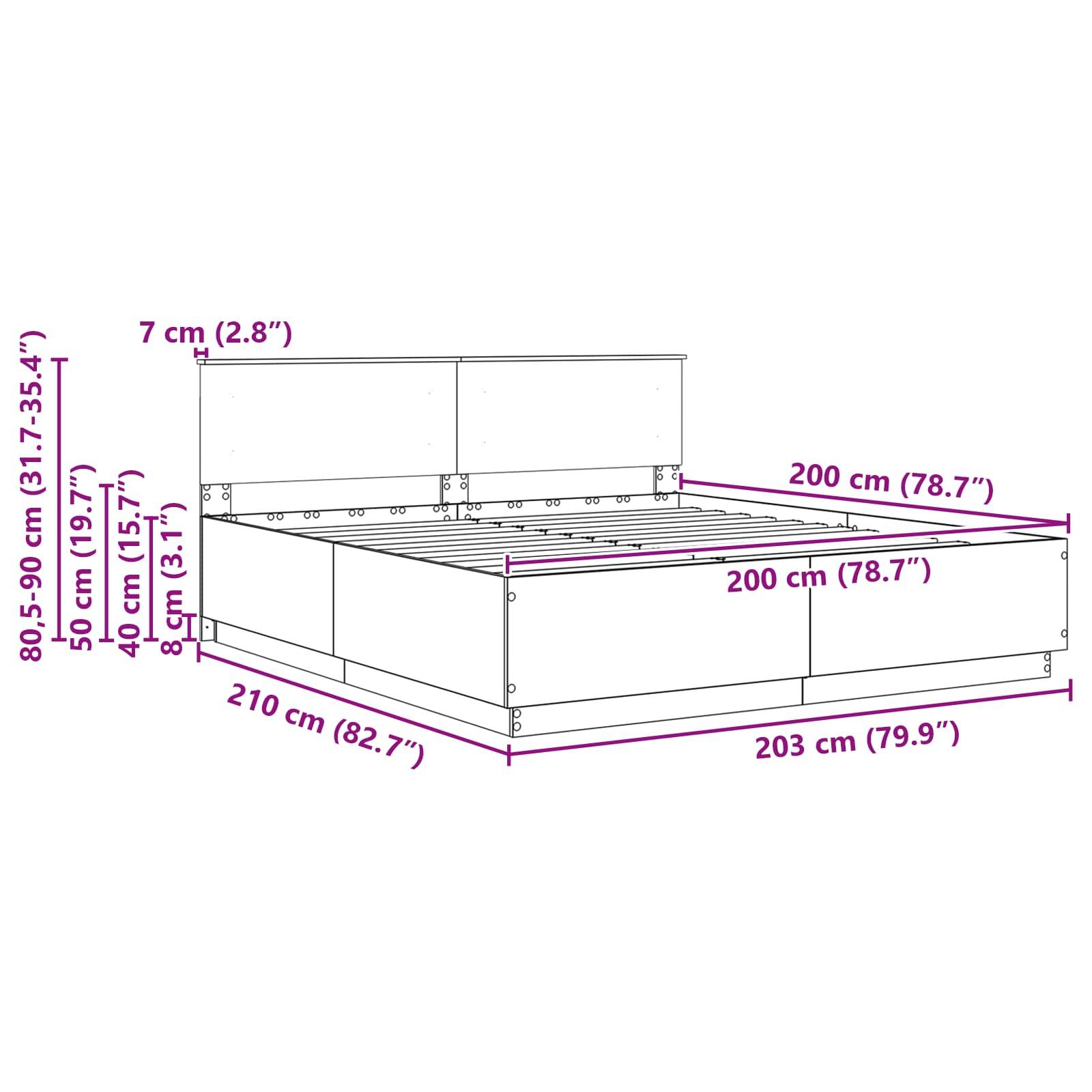 Diagramm eines Bettgestells mit Abmessungen: Höhe 80,5-90 cm (31,7-35,4