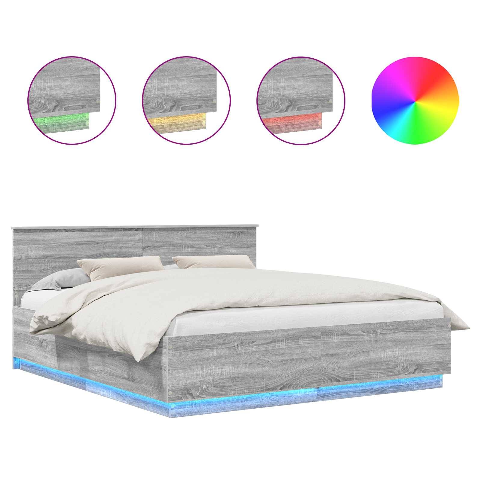 Ein Doppelbett mit einem grauen Holzrahmen, der LED-Beleuchtungsoptionen in verschiedenen Farben bietet: Grün, Rosa, Gelb und Blau. Farbrad wird gezeigt.