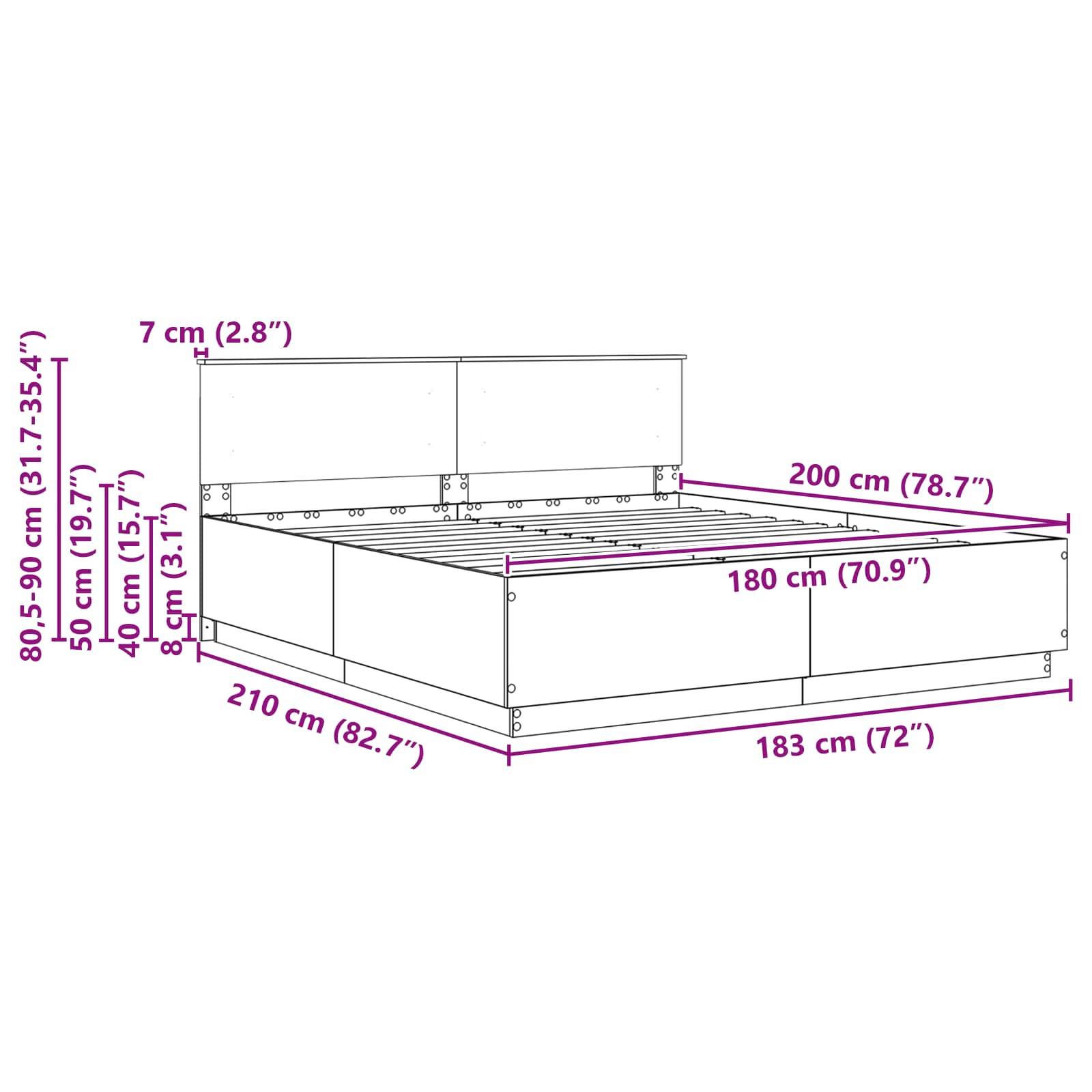 Diagramm eines Bettgestells mit Maßen: Höhe 80,5-90 cm, Breite 183 cm, Tiefe 210 cm, Liegefläche 180x200 cm, Kopfteil 7 cm dick.