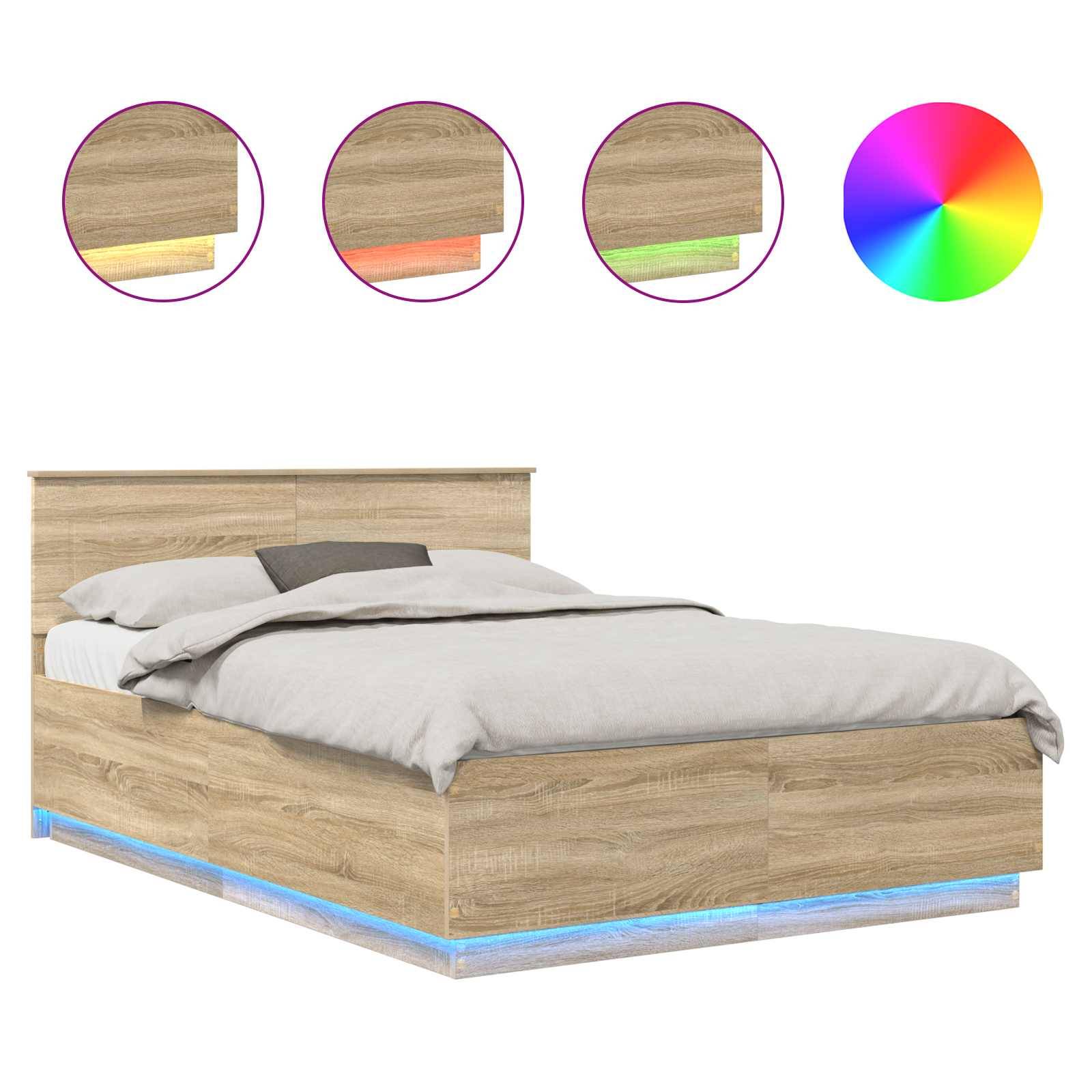 Holzbett mit grauer Bettwäsche, ausgestattet mit LED-Beleuchtungsoptionen unter dem Bett in Grün, Blau und Orange. Ein Farbrad wird darüber gezeigt.