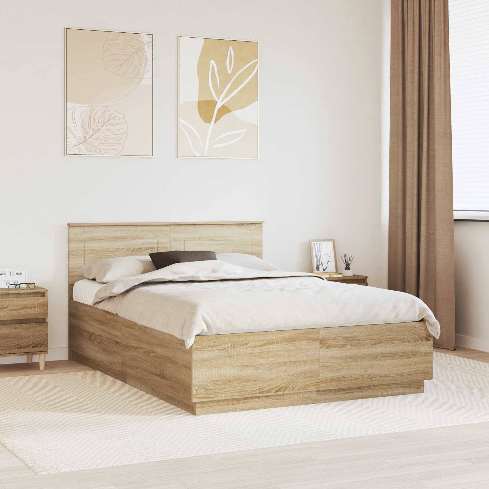 Ein minimalistisches Schlafzimmer mit einem Bett aus hellem Holz, neutraler Bettwäsche, zwei abstrakten Kunstwerken an der Wand und einem Nachttisch mit Dekoobjekten.