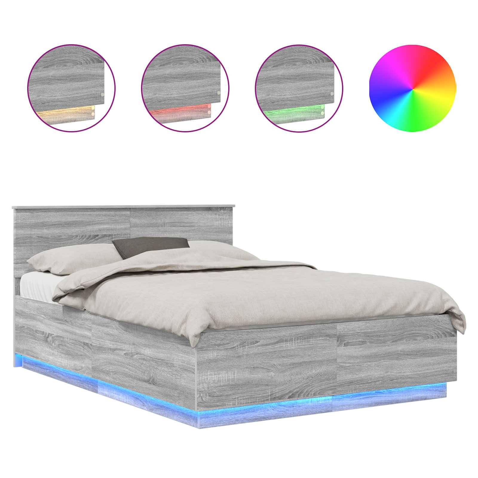 Ein grauer Holzbett verfügt über LED-Beleuchtung unter dem Bett mit anpassbaren Farben, die in Kreisen dargestellt werden: gelb, rot, grün und ein Farbrad.