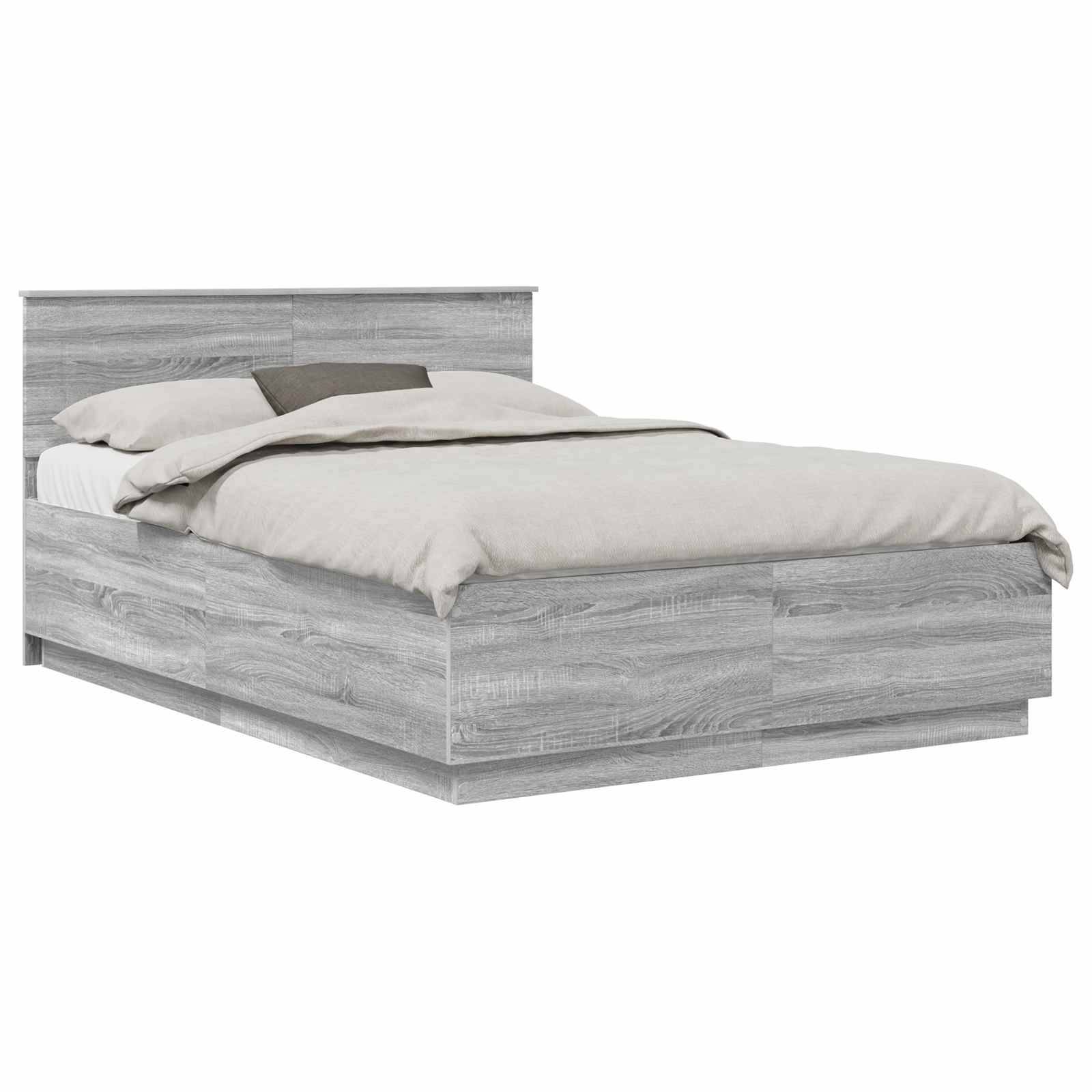 Ein Holzplattformbett in grauer Ausführung mit Staurageschubladen darunter, das ein schlichtes, zeitgemäßes Design und ein ordentlich gemachtes Bett aufweist.