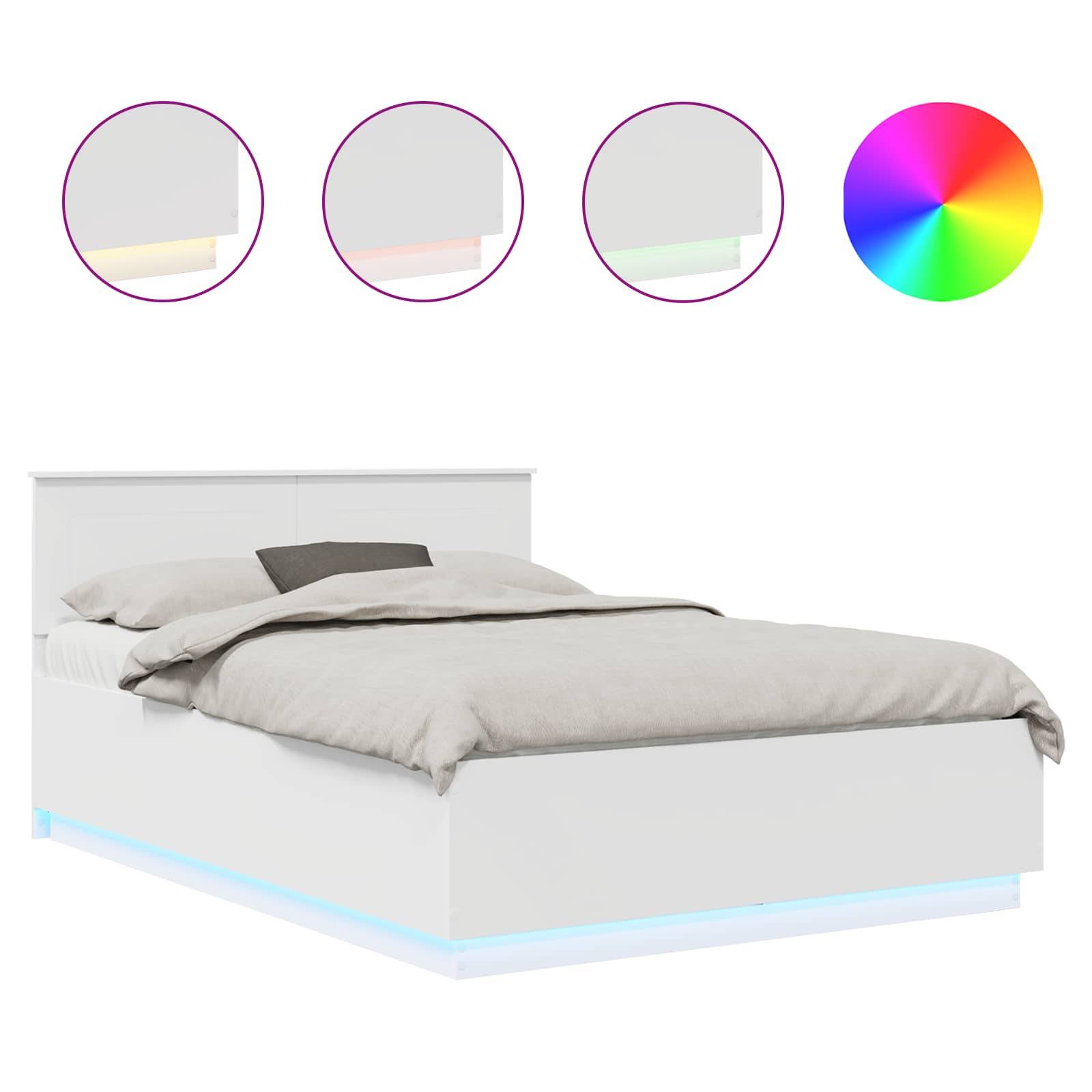 Ein modernes weißes Bett mit hinterleuchteter LED-Beleuchtung, das Farboptionen einschließlich Pink, Gelb und Grün zeigt, mit einem RGB-Farbpaletten-Rad.