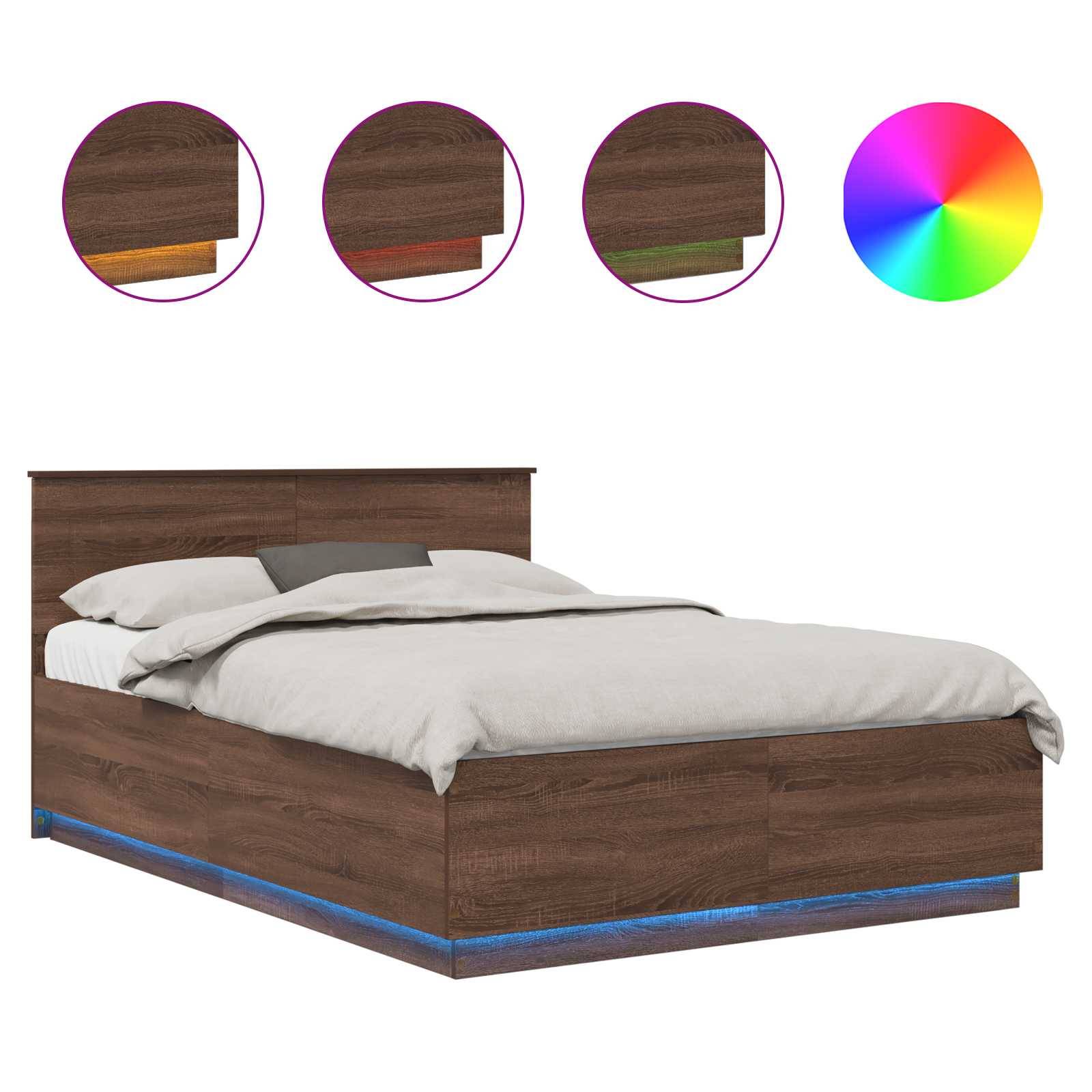 Ein Holzbett mit weißer Bettwäsche verfügt über Unterlichtakzente. Kreisförmige Einlagen zeigen Holzoberflächen in verschiedenen Farben und eine mehrfarbige Palette.