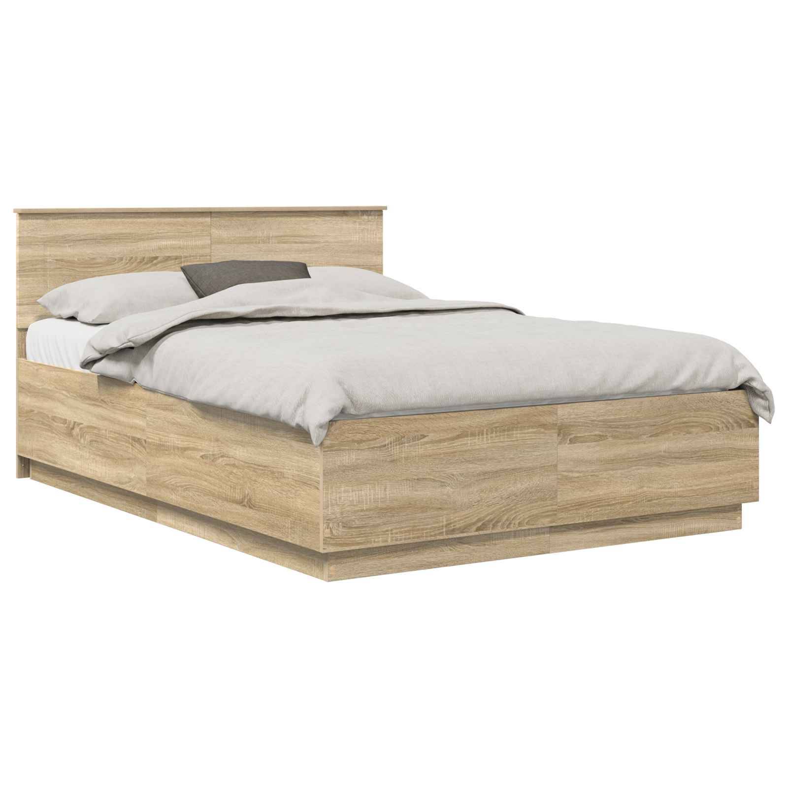 Ein Holzbettgestell mit heller Eichenoberfläche, ausgestattet mit einem schlichten Kopfteil und weißer Bettwäsche, wird aus einem seitlichen Blickwinkel gezeigt.