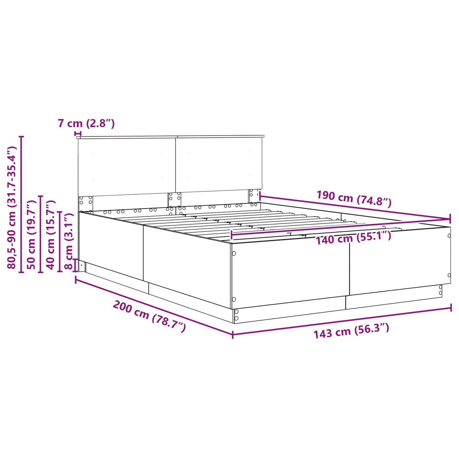 Diagramm eines Bettgestells mit Maßen: Höhe 31,7-35,4 Zoll, Breite 78,7 Zoll und Länge 74,8 Zoll. Matratzenbereich ist 55,1 Zoll.