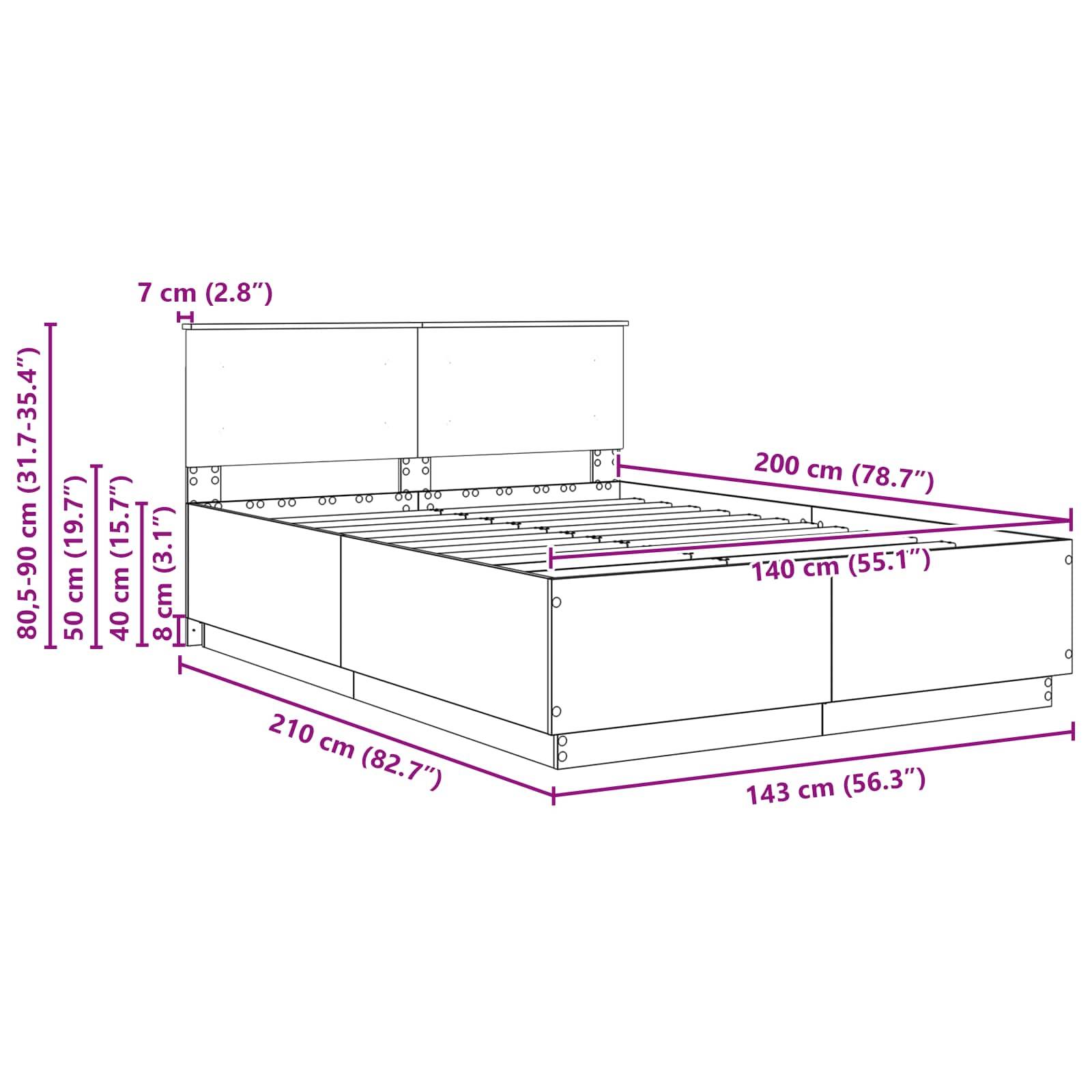 Diagramm eines Bettgestells mit Maßen: Höhe 80-90 cm, Länge 210 cm, Breite 143 cm, Höhe der Kopfseite 7 cm, Rahmenhöhe 40 cm.
