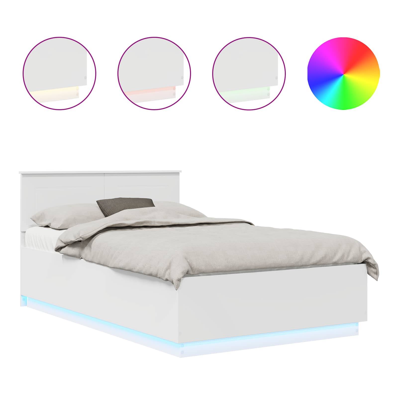 Weißes Bett mit grauer Bettwäsche, versehen mit einem LED-Lichtstreifen darunter. Drei Kreise zeigen Farboptionen: Rosa, Orange, Grün.