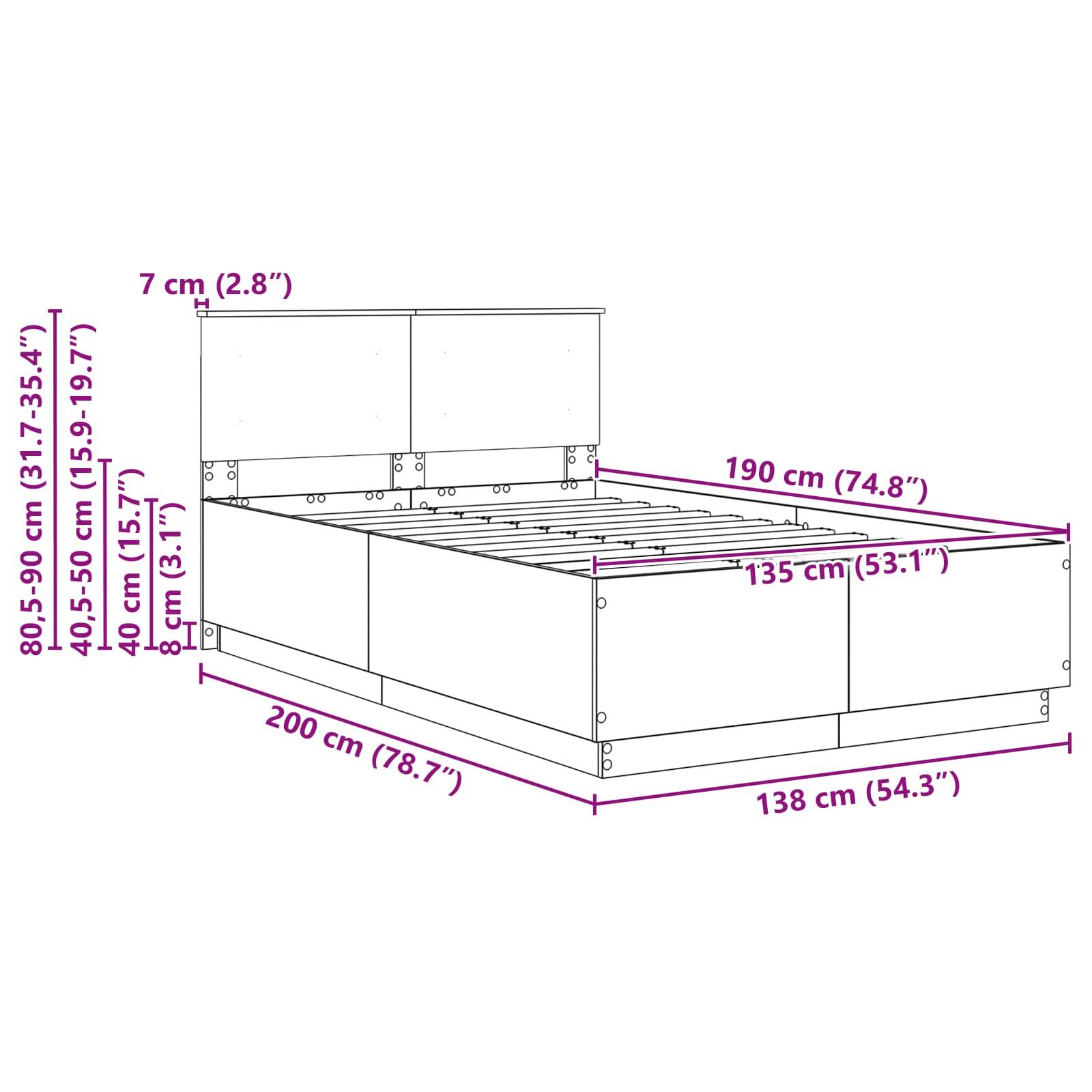 Diagramm eines Bettgestells mit Maßen: Höhe 80-90 cm, Breite 200 cm, Tiefe 138 cm. Zeigt Abmessungen für Montage und Positionierung.