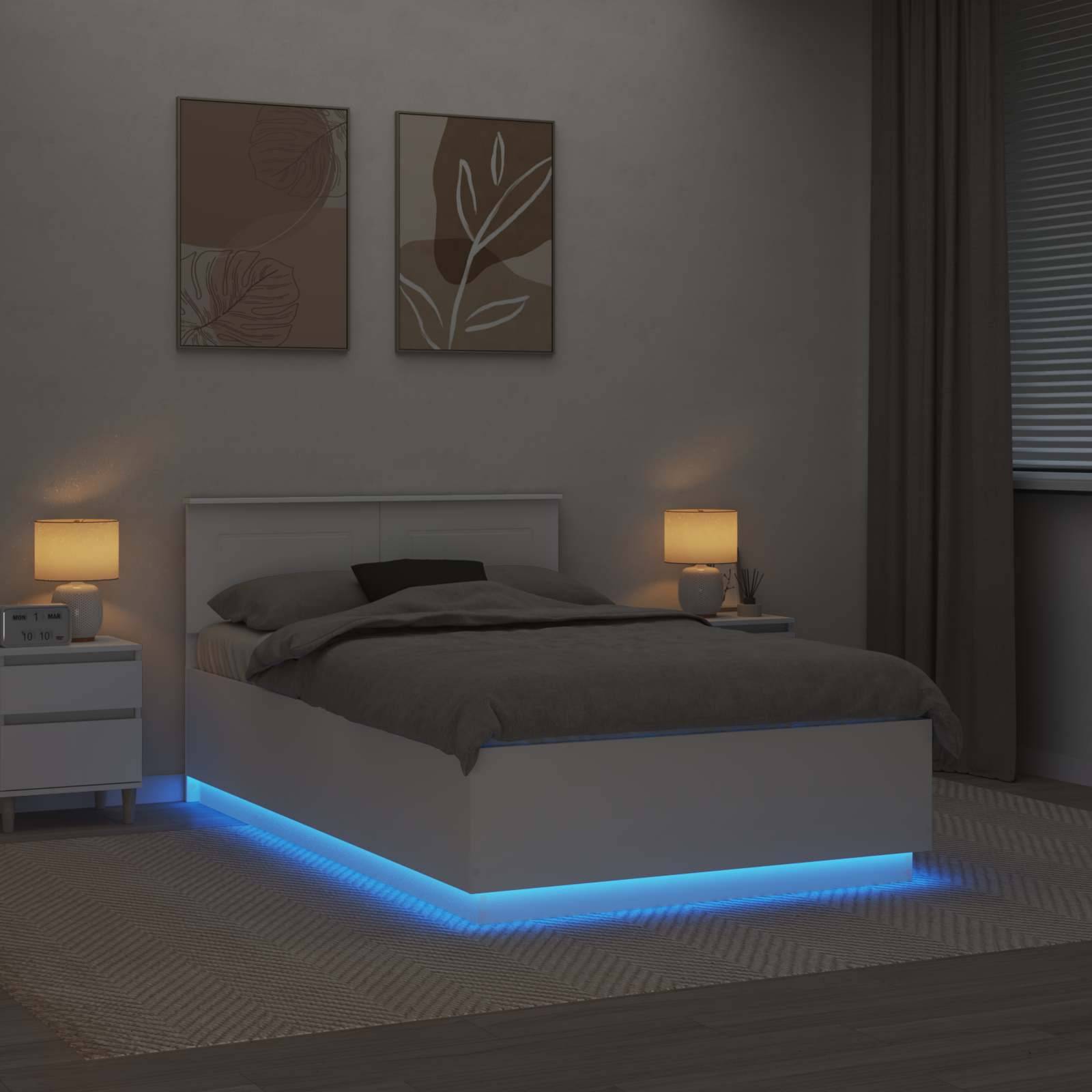 vidaXL Bettrahmen mit LED-Lichtleisten Weiß 135 x 190 cm Holzwerkstoff