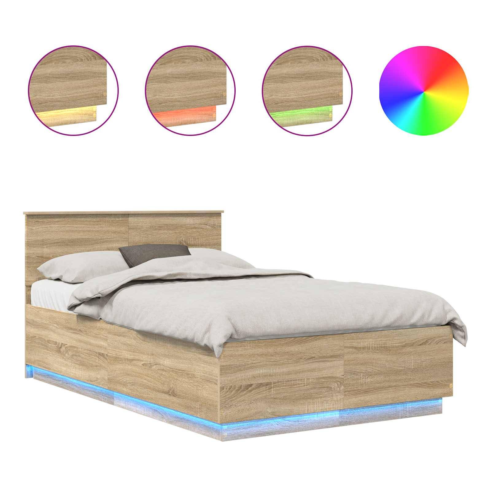 Ein Holzbett mit weißer Bettwäsche verfügt über LED-Beleuchtung darunter. Drei kleine Bilder zeigen Lichtfarbenoptionen: Rosa, Grün und Blau.
