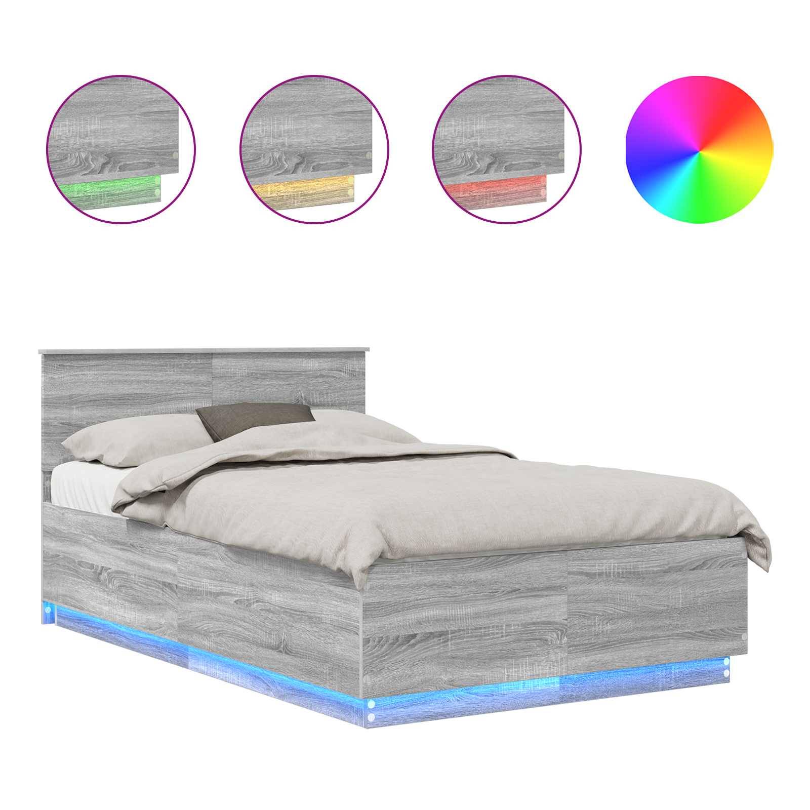 Ein modernes graues Bett mit integrierter LED-Beleuchtung darunter. Einblendungen zeigen Farboptionen und ein Farbrad, das anpassbare Beleuchtung verdeutlicht.