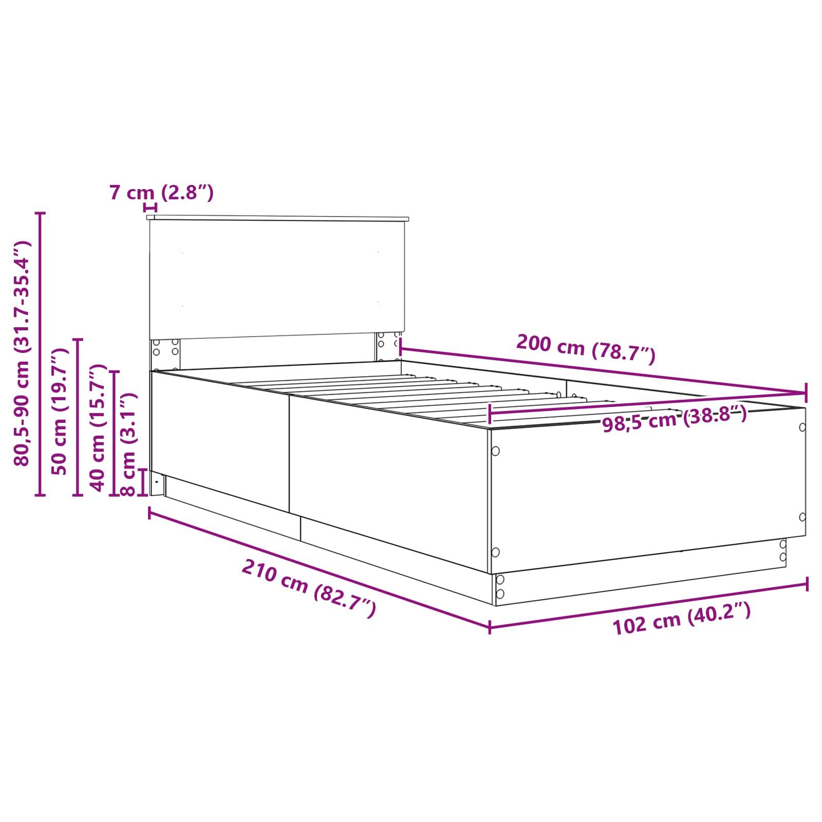 Eine Linienzeichnung eines Bettes mit präzisen Maßen: Höhe 80-90 cm, Breite 102 cm, Länge 210 cm und Höhe des Kopfteils 80-90 cm.
