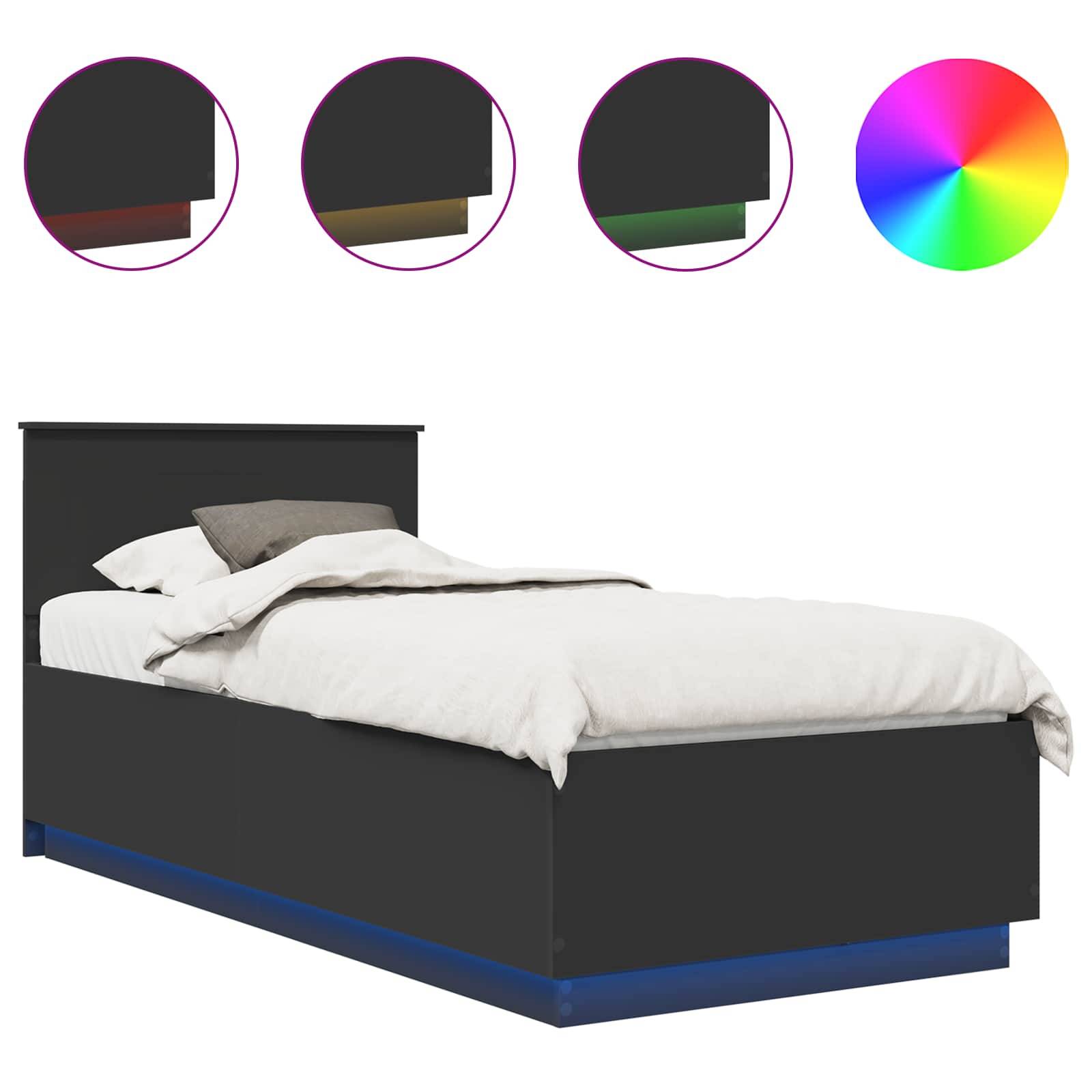 Unter drei Farbmustern und einem Farbrad ist ein modernes dunkles Bett mit weißer Bettwäsche abgebildet, was die Möglichkeiten der Designanpassung veranschaulicht.