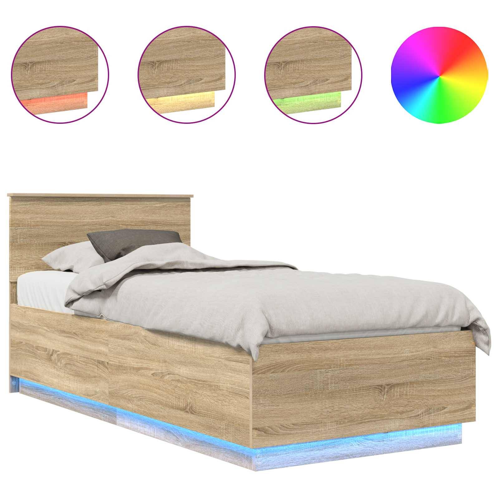Holzbettrahmen mit einer grauen Bettdecke, der anpassbare LED-Beleuchtungsoptionen unter dem Bett und am Kopfteil präsentiert.
